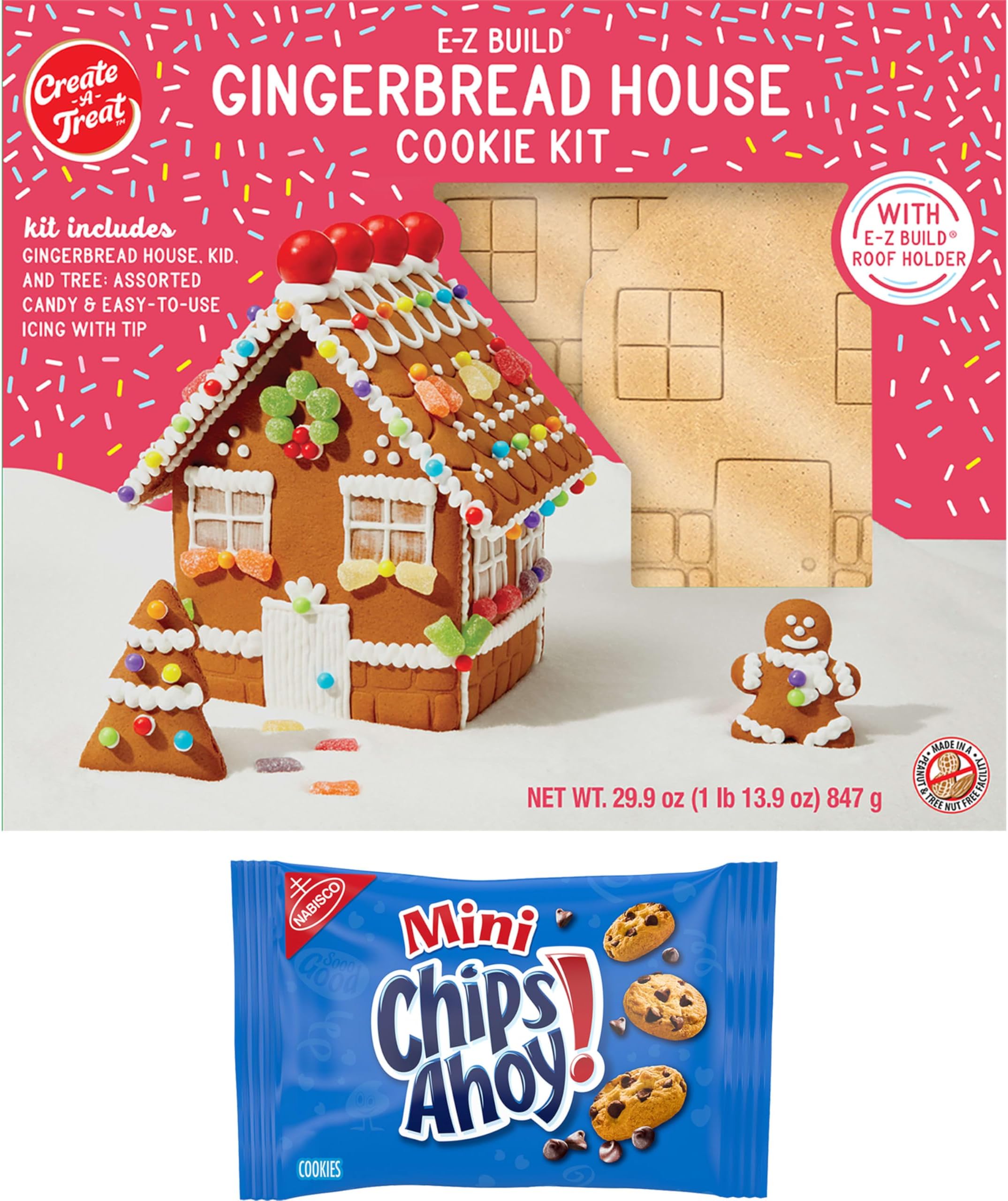 Create-A-Treat E-Z Build Gingerbread House Decorating Kit, Holiday Gift, 29.9 oz + Bonus CHIPS AHOY! Mini Cookie Snack Pack