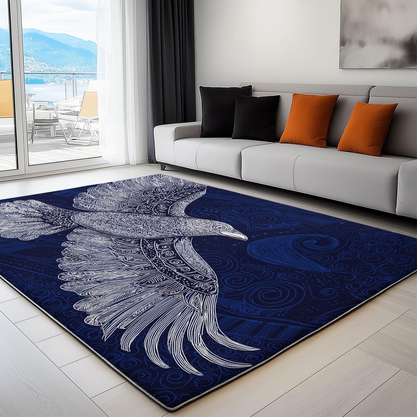 Tapis lavable en machine antidérapant avec motif oiseau Viking bleu