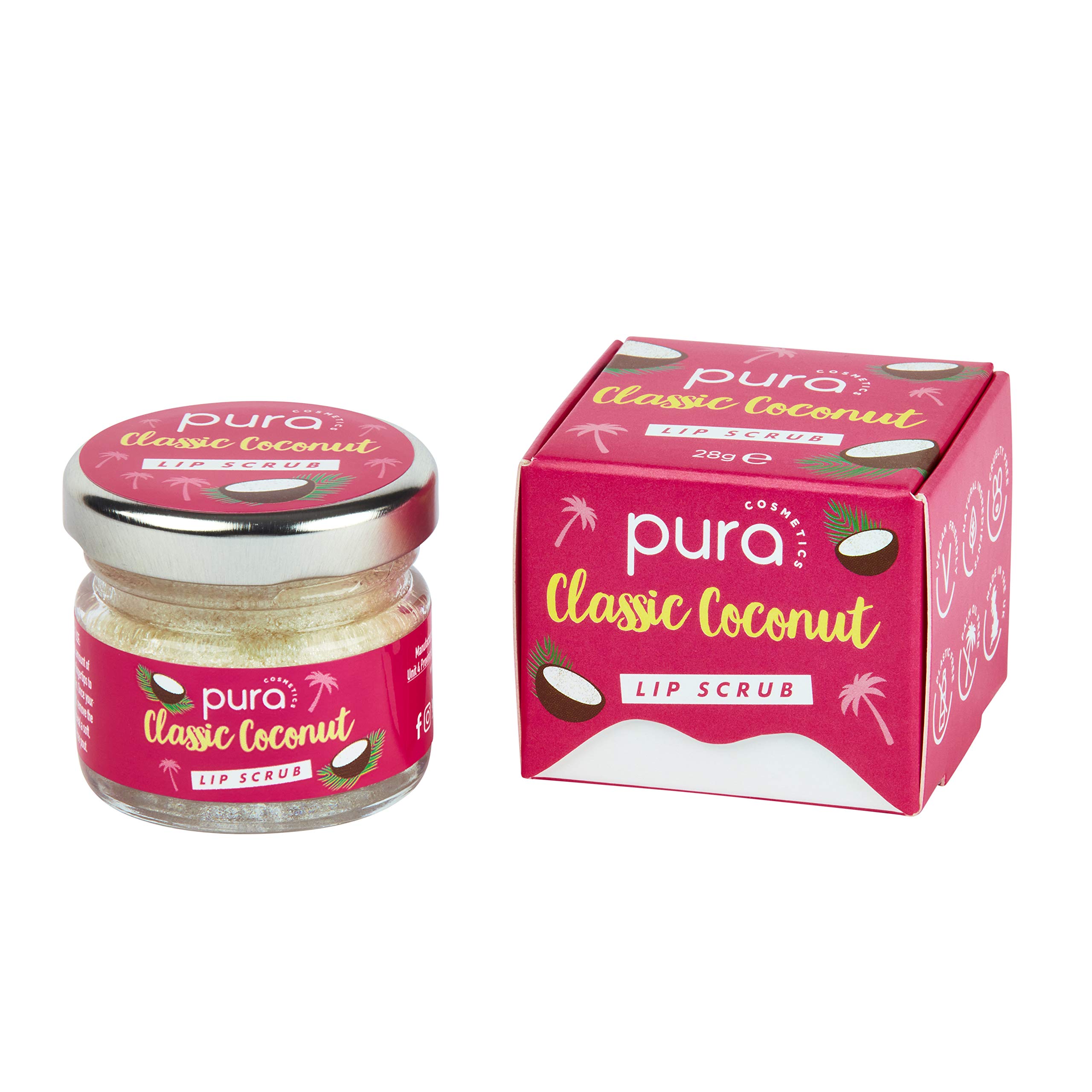 Pura Cosmetics Vegan Lip Scrub in Classic Coconut (28g) - Natural Ingredients, Cruelty-Free, Plastic-Free Packaging & Made in the UK