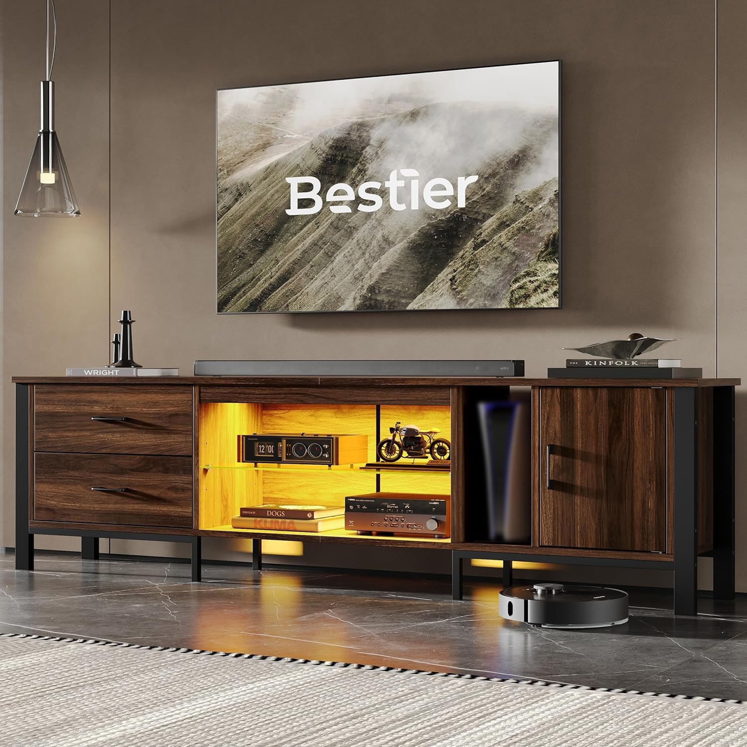 Bestier TV Stand for 75/80/85 inch TV, LED Gaming Entertainment Center, Modern TV Cabinet with Glass Shelves for Living Room, Media Console with 2 Storage Drawers & Cabinets for Bedroom, Walnut