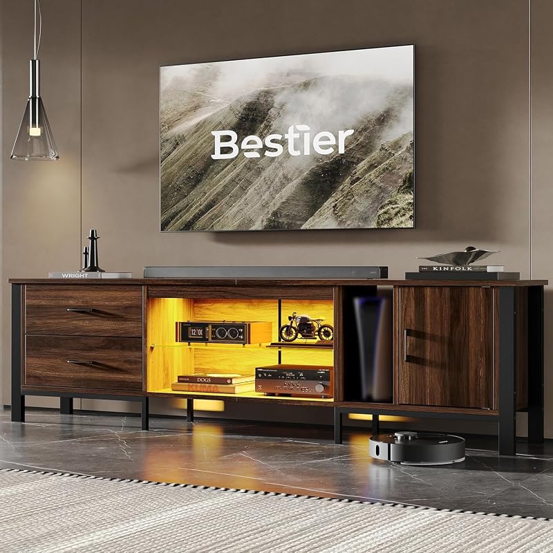 Bestier TV Stand for 75/80/85 inch TV, LED Gaming Entertainment Center, Modern TV Cabinet with Glass Shelves for Living Room, Media Console with 2 Storage Drawers & Cabinets for Bedroom, Walnut image 3