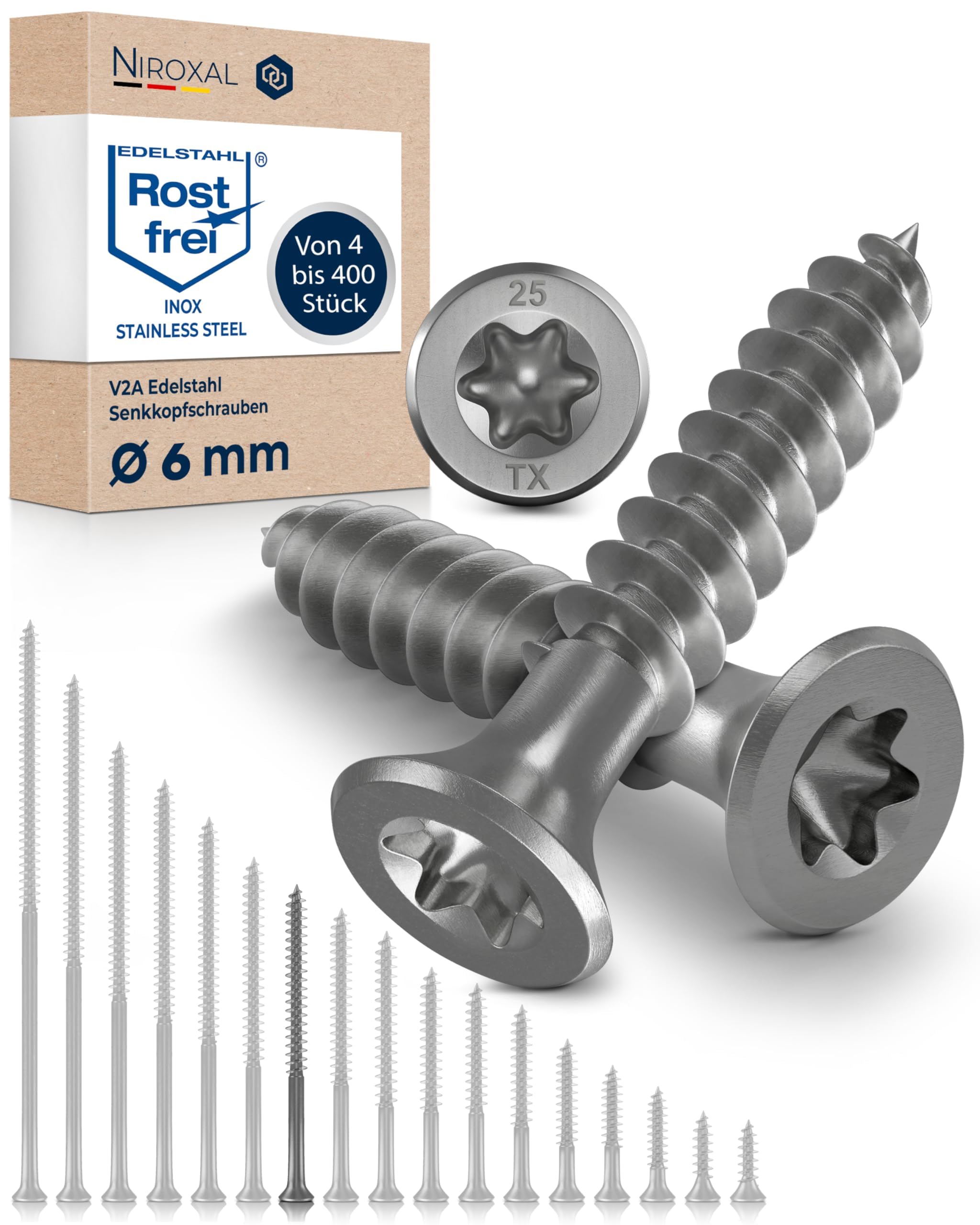 Edelstahl Holzschrauben V2A A2 Senkkopf Torx TX25 – Teilgewinde – 6x80 mm – 50 Stück – Universalschrauben Holz