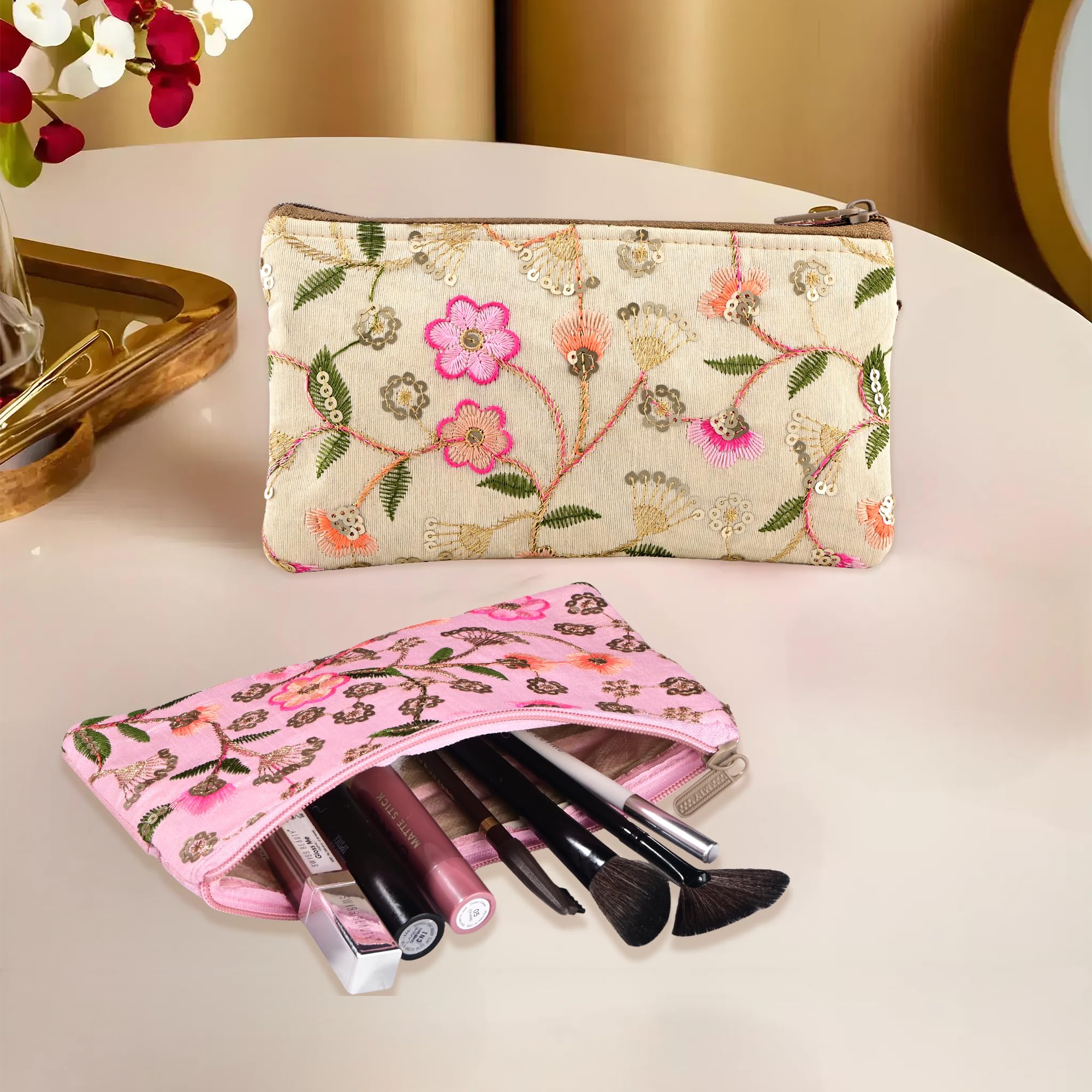 Kuber Industries 2 Pcs Traditional Hand Purse Ladies with Zip | Embroidery Ethnic Pouch/Wallet Purse for Women | Return Gift for Ladies | New Flower - Cream & Light Pink-image-48