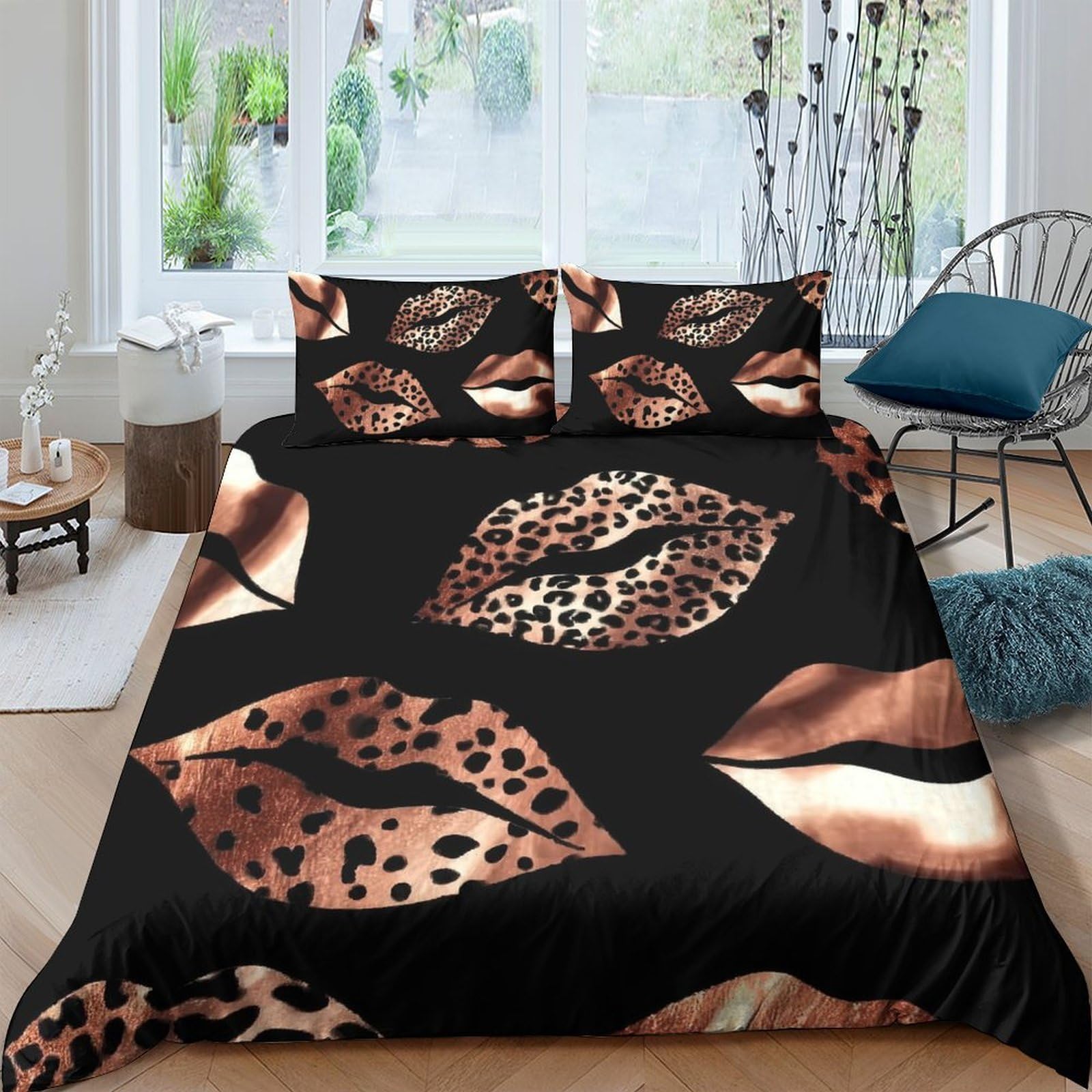 Ctjqhvkz Style-10 3D Printed Leopard Lips Fitted Sheet Microfiber Soft Black Gold Kiss Bed Cover Bedroom Decor Machine Washable Single（135X200cm）