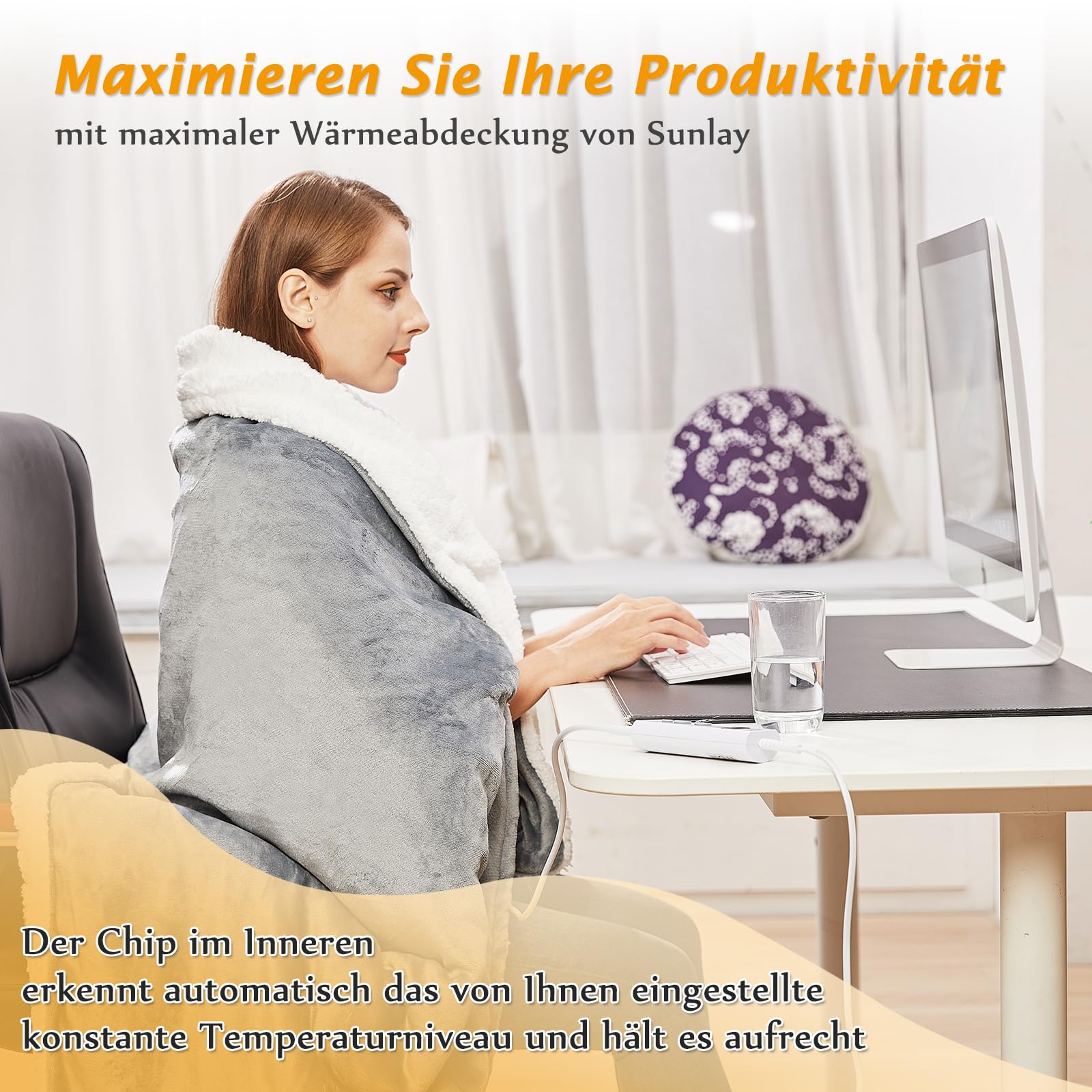 Heizdecke mit Abschaltautomatik, 130x160cm, 10 Heizstufen Up-to-9 Stunden Auto-Off-Timer Überhitzungsschutz, Elektrische Wärmedecke Bett Wärme Decke, Grau