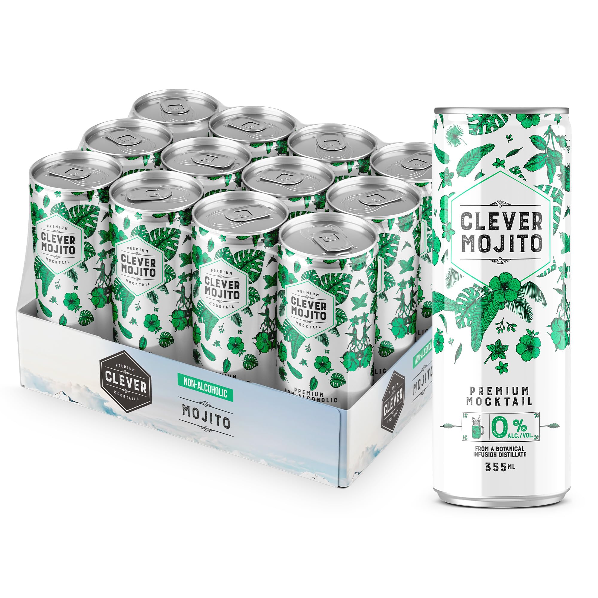CLEVER - Mojito, Nonalcoholic Mocktails for Any Occasion, Sugar-Free Beverages with Botanical Extracts, Low-Calorie Mocktails Non-alcoholic Drinks with 70 Calories, Pack of 12 (12 oz Ea)