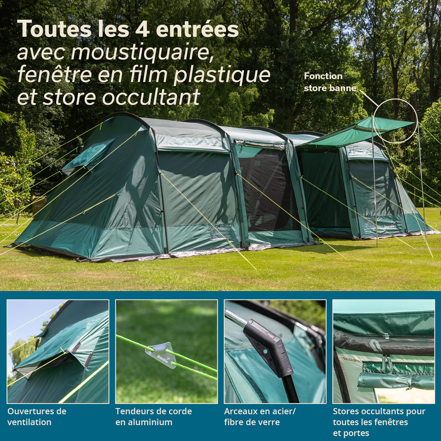 Skandika Tente Tunnel Montana 8 Personnes | Tente de Camping avec/sans Tapis de Sol Cousu, avec/sans Technologie Sleeper, 3-4 cabines de Couchage, Colonne d'eau 5000 mm