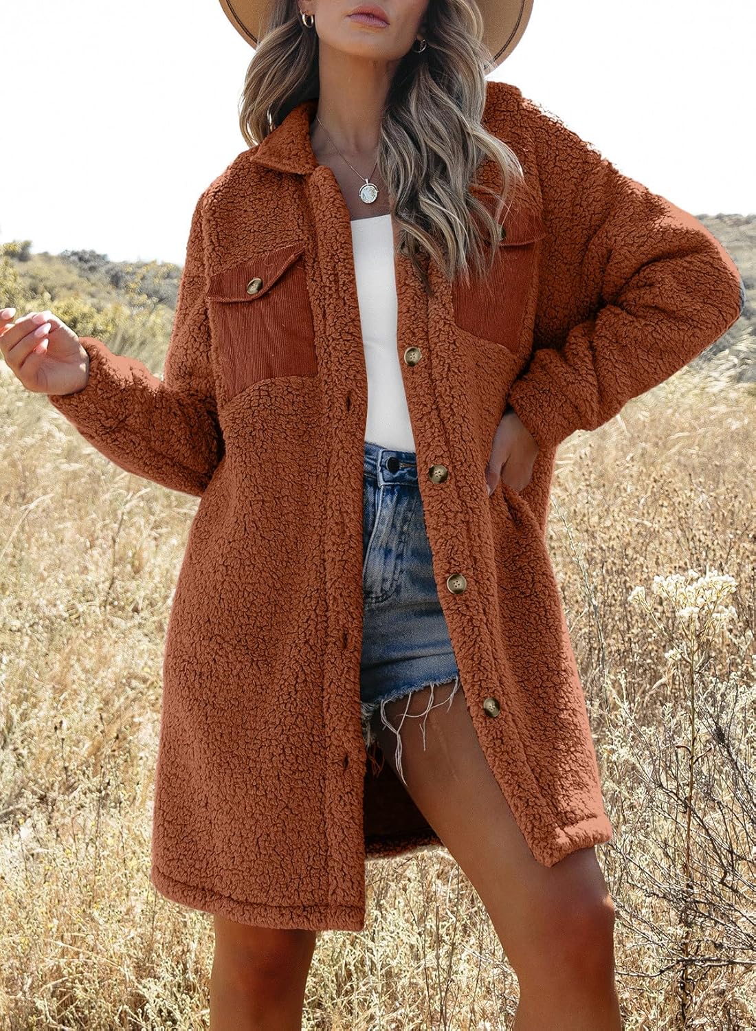 EVALESS Fuzzy Fleece Jackets for Women Fashion Long Sleeve Lapel Button Down Long Teddy Coat Faux Fur Warm Winter Outwear - Image 4