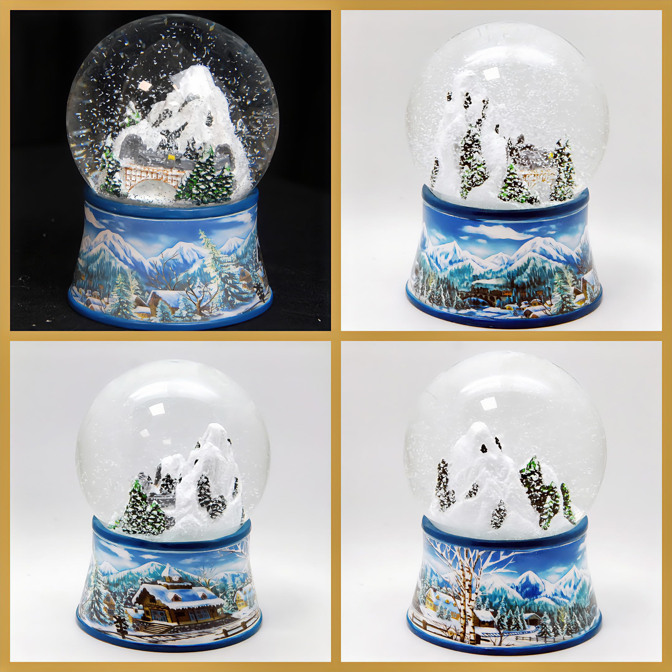 Weihnachts-Schneekugel mit Musik | Schneekugel Nostalgische Berglandschaft mit Brücke | Sockel Winterlandschaft hellblau | 100mm breit, 140mm hoch | mechanische Spieluhr | Winterdekoration | 20256