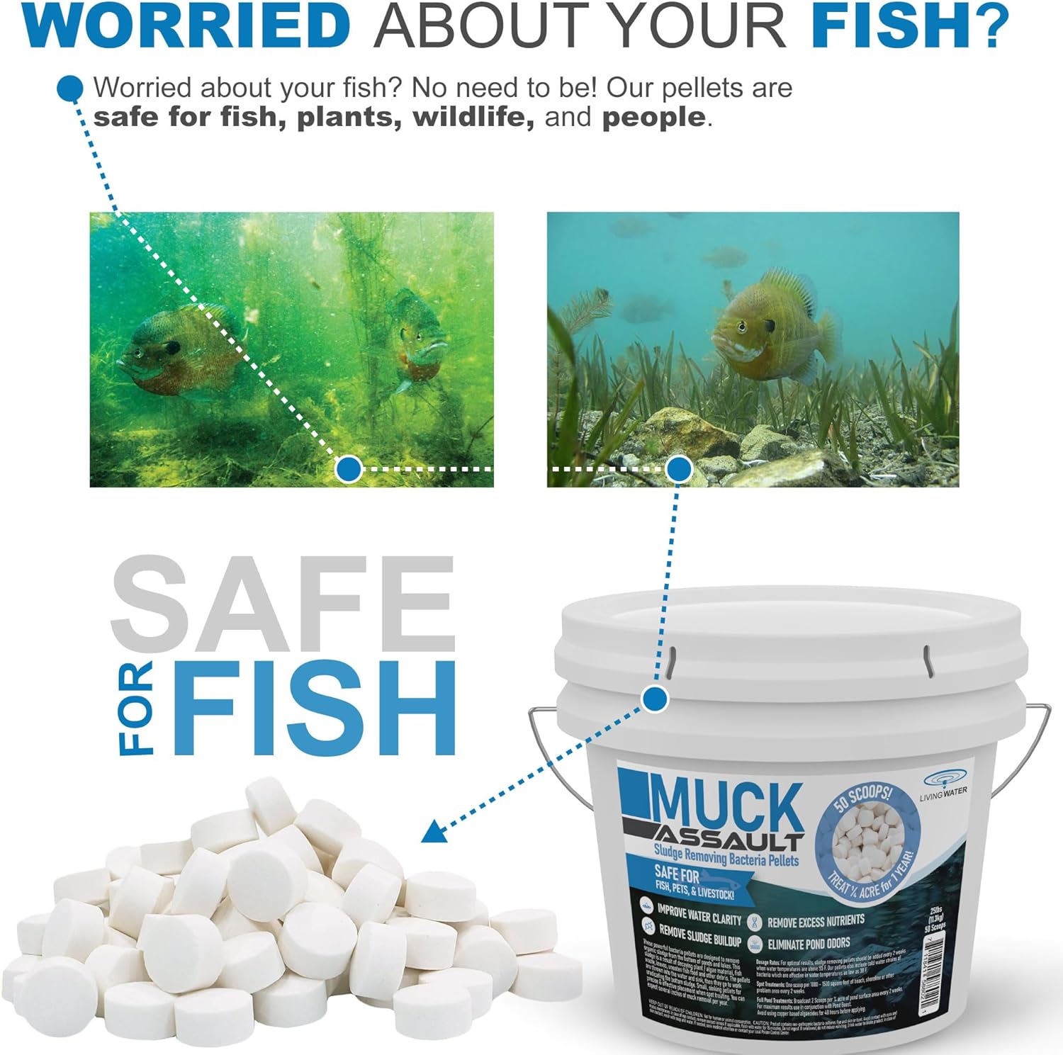 Muck Assault Sludge Remover Pellets - Natural Muck Digester with Beneficial Bacteria Enzymes to Clear Murky Water and Remove Pond Odor - Safe for Aquatic Life & Recreation (25 lbs.)