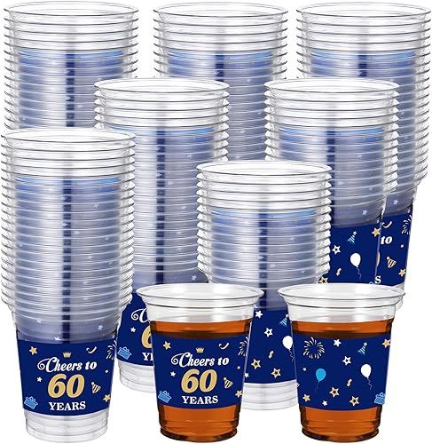 Miniatura 1 de Paquete de 100 vasos de plástico desechables con texto en inglés "Cheers To 60 años", vasos de 12 onzas para fiestas en estadios, vasos azules y