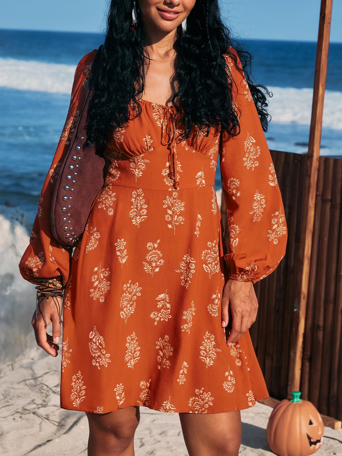 CUPSHE Abiti autunnali da donna a maniche lunghe con scollo rotondo casual coulisse floreale a vita alta elegante mini abito da festa