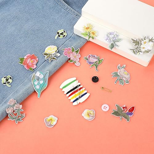 Miniatura 3 de 15 piezas de mini parches de flores para planchar, parches decorativos de flores, 13 patrones bordados con 2 piezas de kit de costura, apliques de