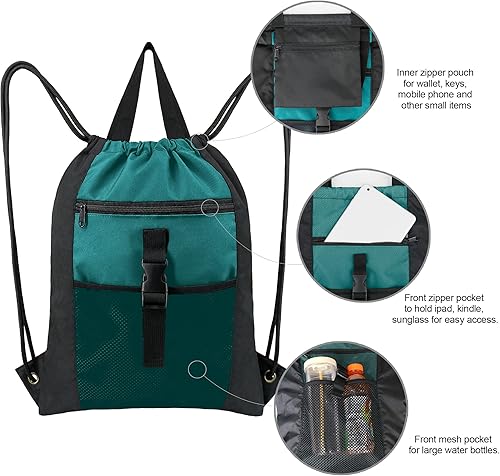 Vista 3 de BeeGreen Mochila con cordón y hebilla, Negro, verde azulado.