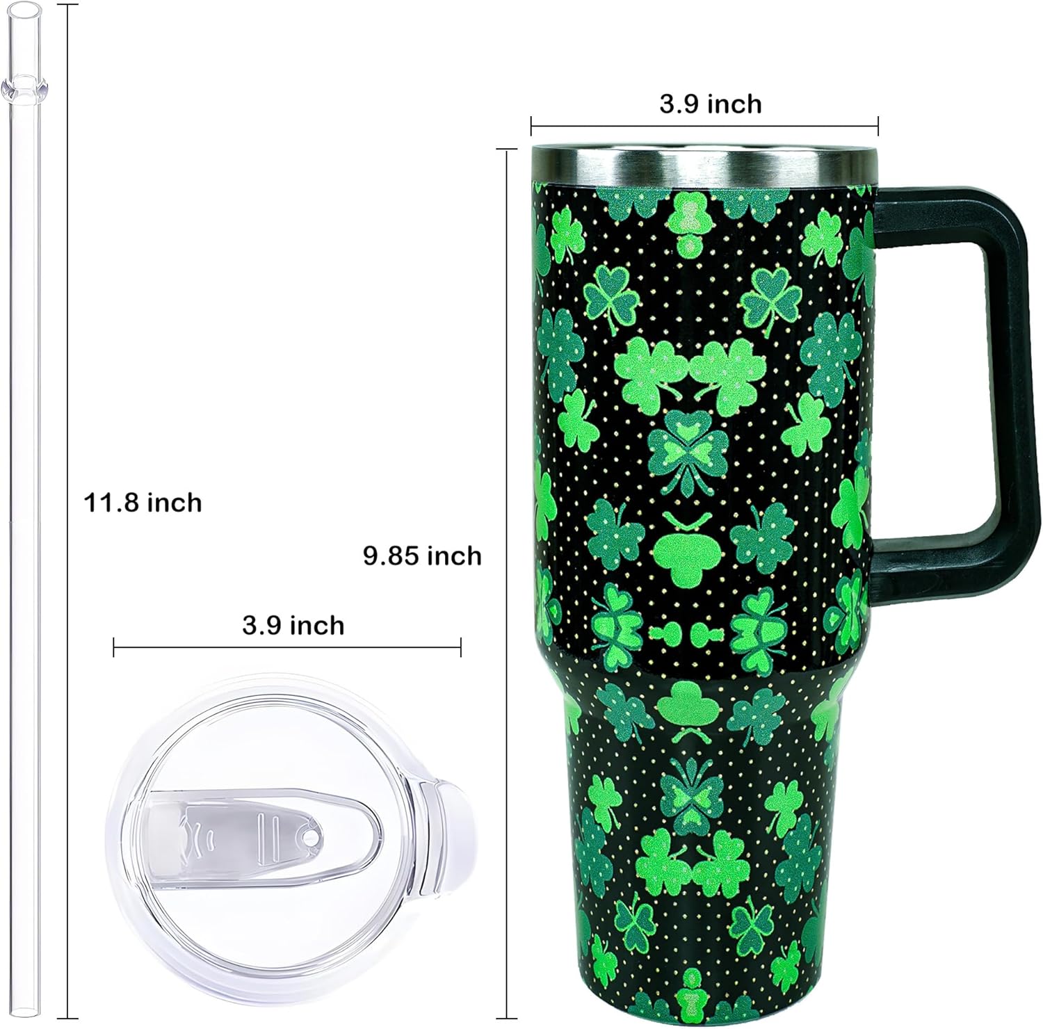 40oz St Patricks Day Tumbler with Handle and Straw, Green Irish Shamrocks Stainless Steel Travel Mug Water Bottle, Vacuum Insulated Cup - Image 3