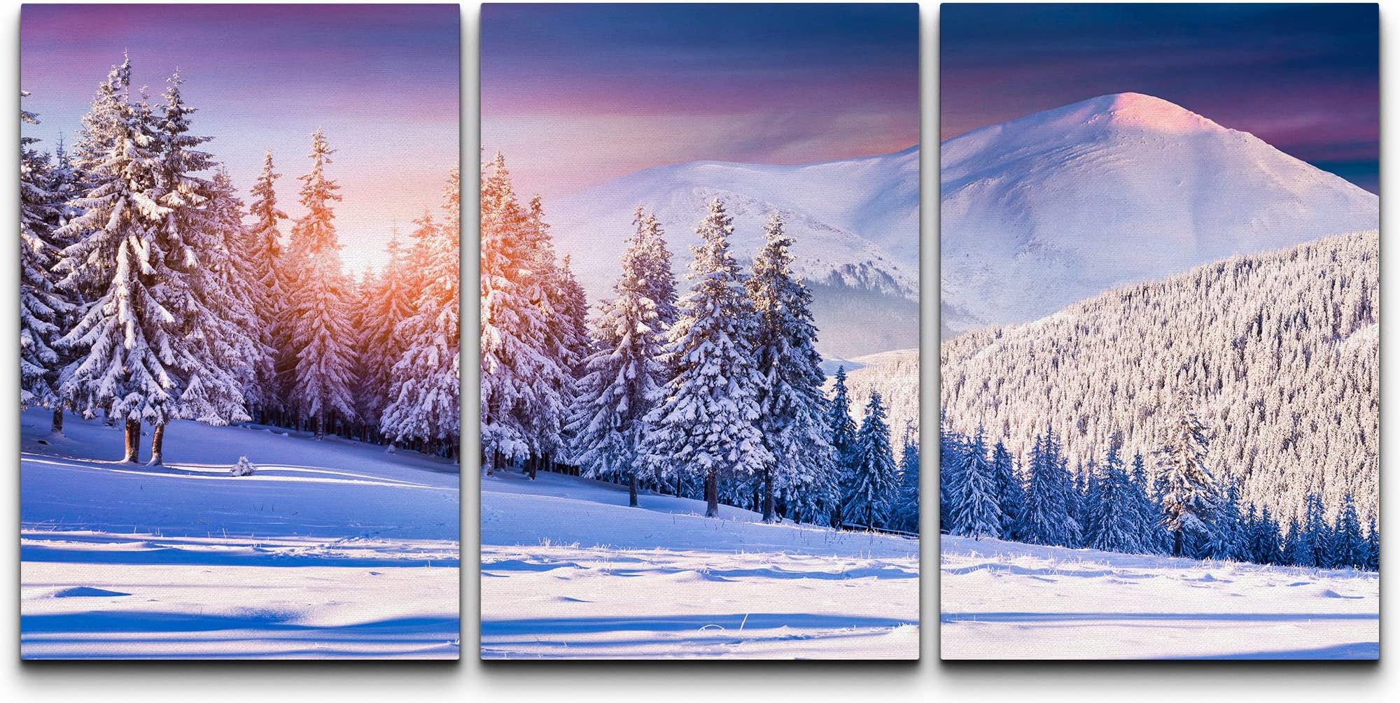 wall26 Canvas Print Wall Art Set Purple Sunset Winter Snowy Forest Nature Wilderness Photography Realism Rustic Landscape Colorful Cool for Living Room, Bedroom, Office - 16"x24" x 3