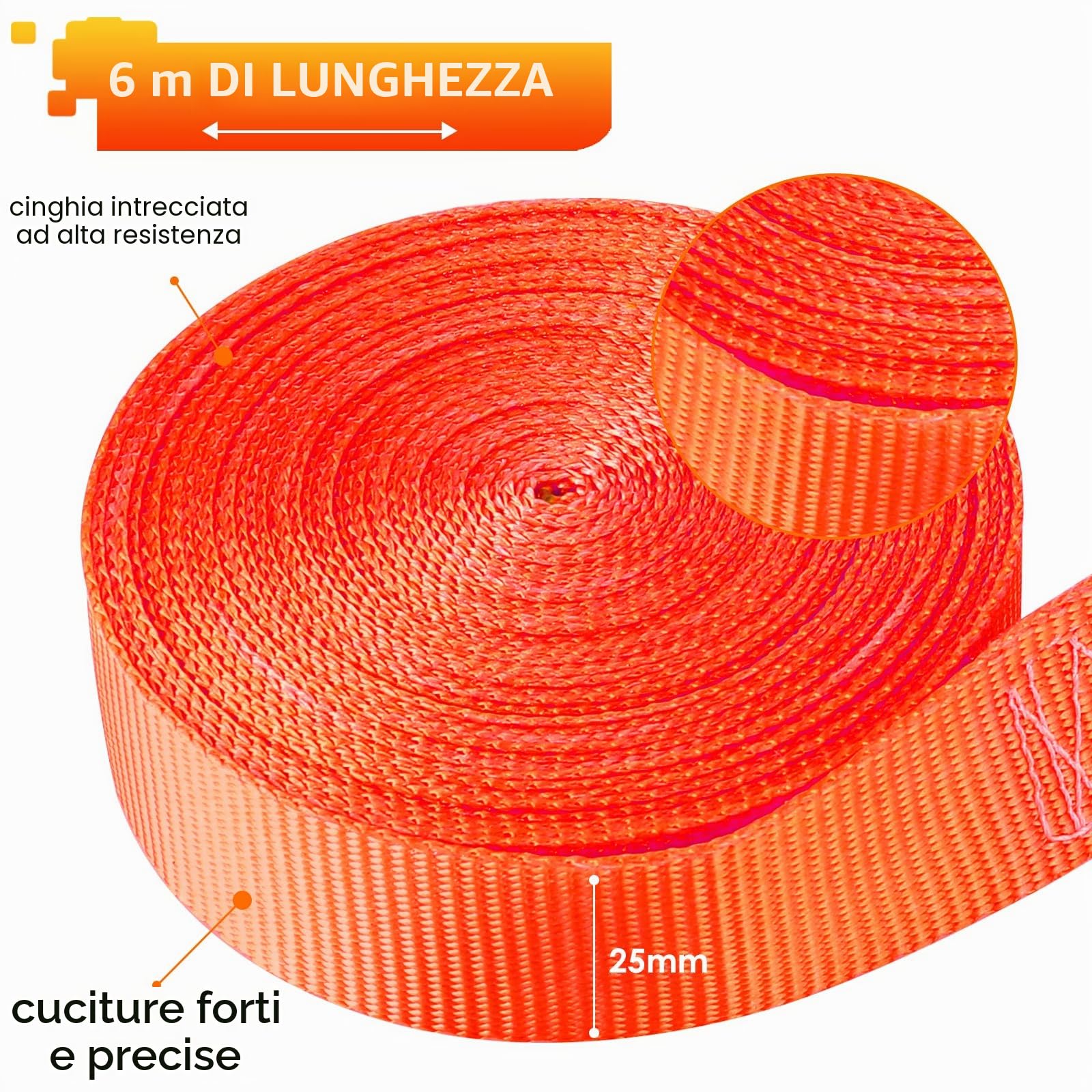 10 Cinghie di Tensione da 800kg, Cinghia a Cricchetto 6m x 25mm, Cinghie di Fissaggio con Cricchetto, Cinghia di Ancoraggio per Fissaggio del Carico (Arancione)