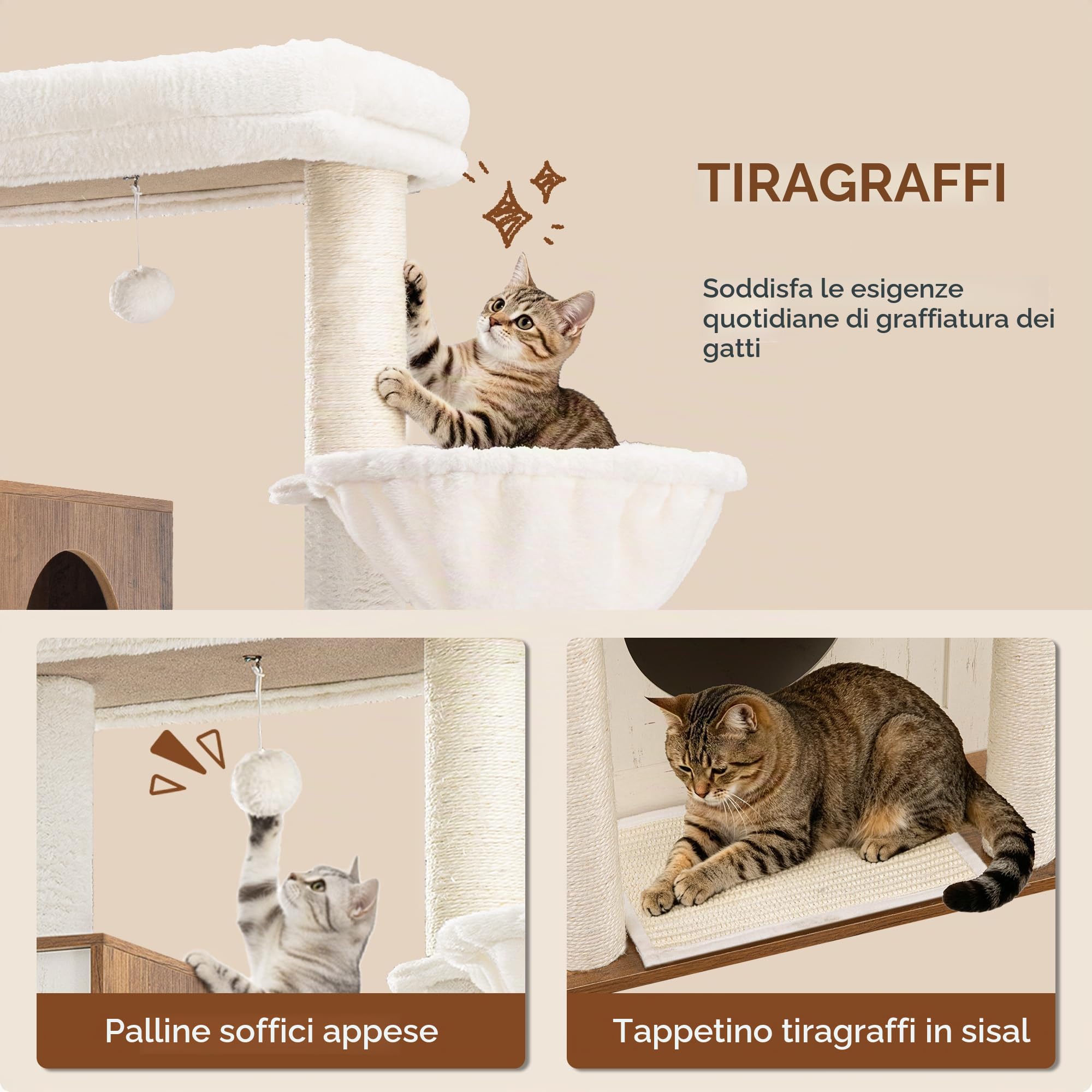 Tiragraffi con Mobile per Lettiera, 190 cm, Bianco e Marrone | Gatti Moderno con Tiragraffi, Piattaforma di Salto Rimovibile, Due Grotte, Piattaforma, Cuscini Lavabili FPMS013PWR1