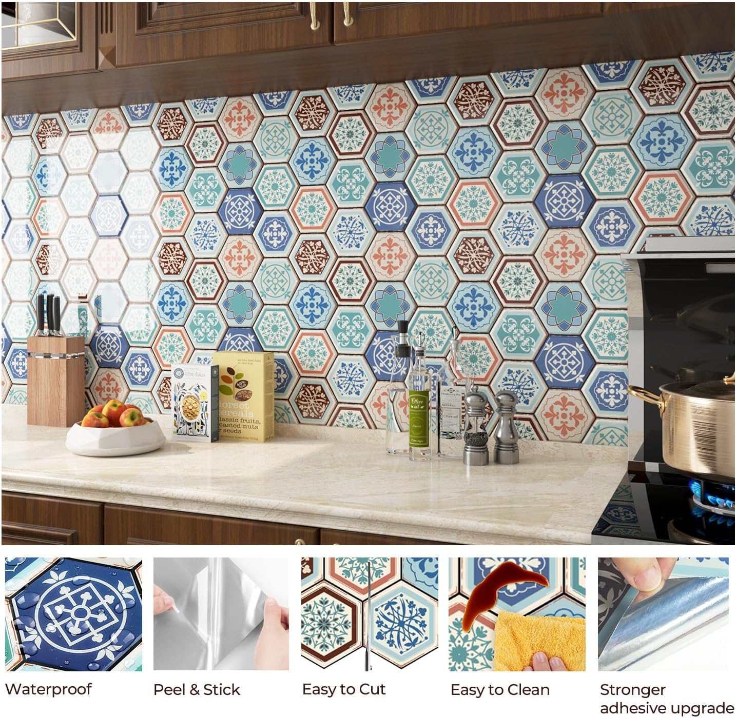 FunStick 15 Pcs Teal Blue Peel and Stick Tile Backsplash for Kitchen Bathroom Boho Self Adhesive Wall Tiles 12"x12" Removable Peel and Stick on Backsplash Tiles for Renters Kitchen Shower Tile Sticker