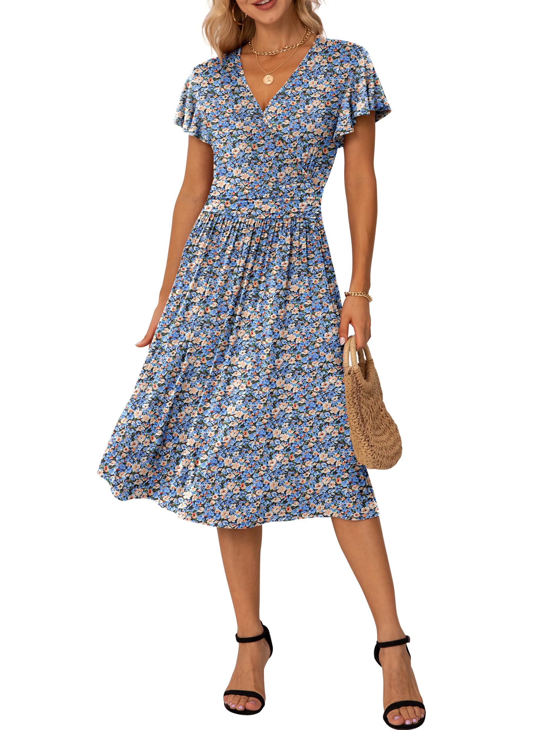 GRECERELLE Women's Summer Dress for Women Wrap V Neck Ruffle Short Sleeve Casual Dress