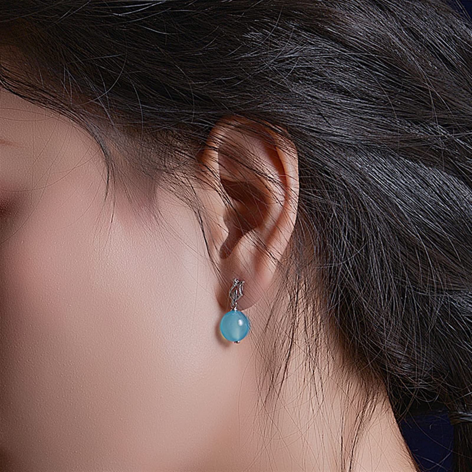 Pendientes Colgantes Señoras de Lujo Elegante Azul calcedonia Piedras Preciosas Pendientes Colgantes Lentes de Plata esterlina Plata Retro Banquete Pendientes joyería Pendientes Mujeres