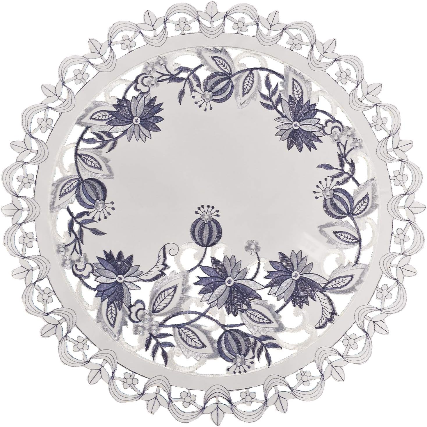 Embroidered Delft Blue Onion Flower Place Mat, Doily (16 Inch Round) (Pack of 2)