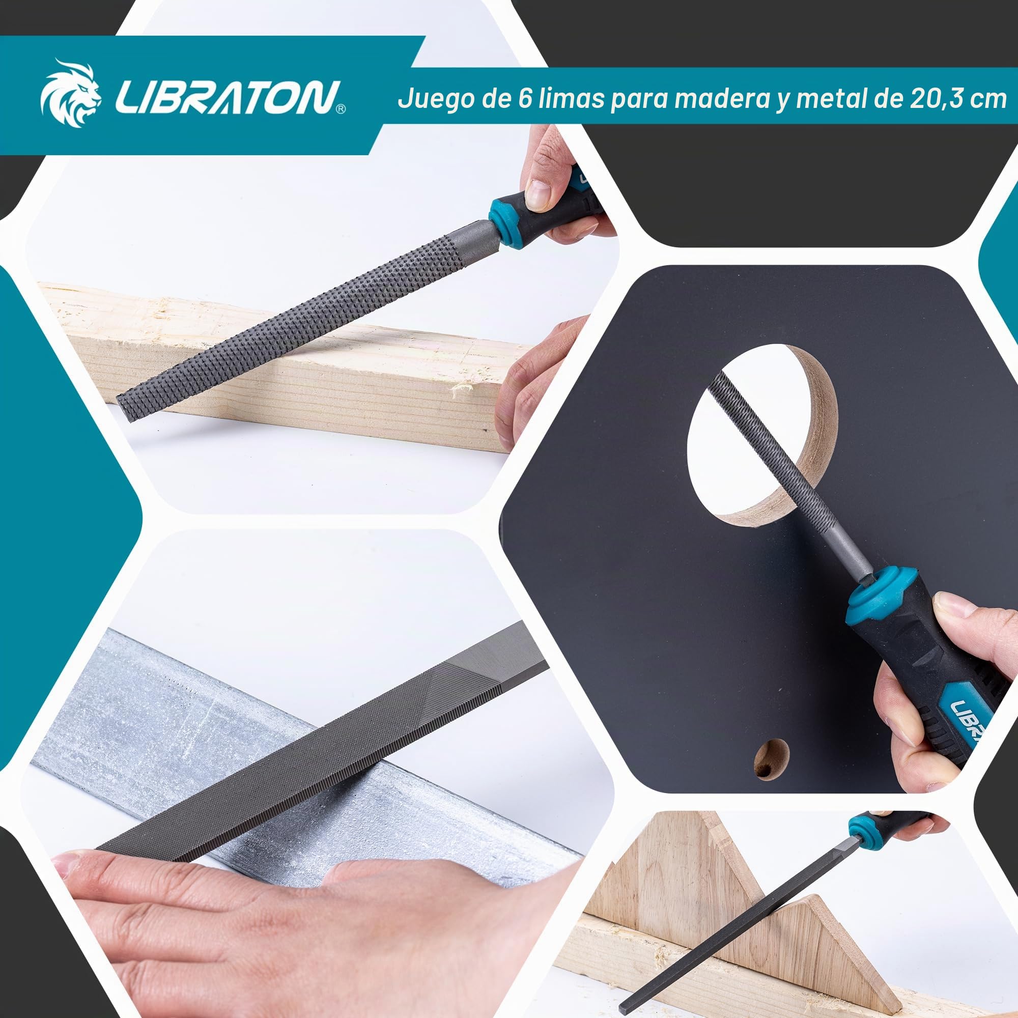 Libraton Limas de Metal, Limas para Metal de 6 Piezas, Limas de Acero con Alto Contenido de Carbono, Lima Metálica con Mango de Goma, Juego de Limas de 8 Pulgadas Incl 1 Escofina para Madera