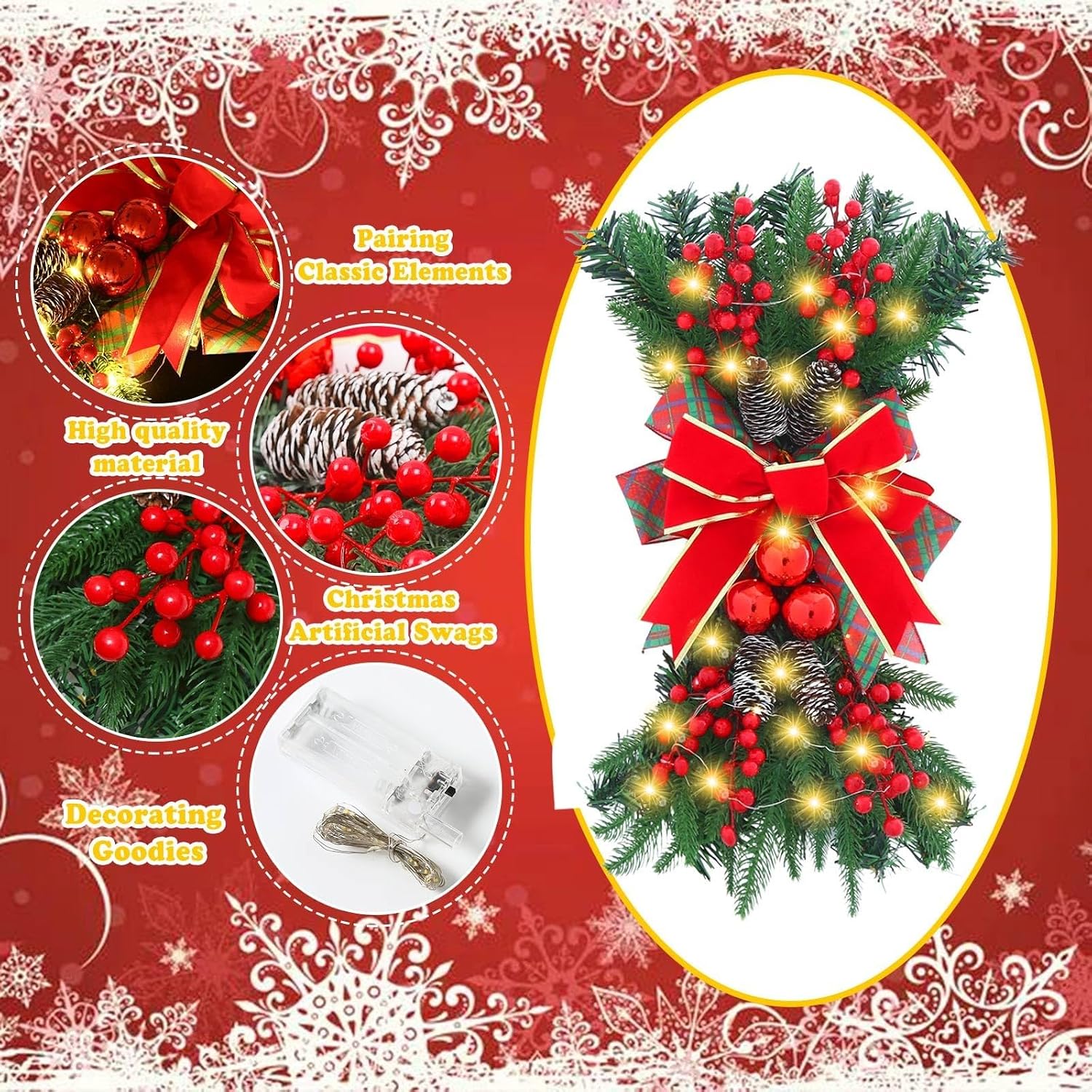 2/4PC Christmas Artificial Swags 24 in Prelit Flocked Xmas Door Stair Swags Teardrop Swag Cordless Christmas Stairway Decoration with LED Artificial Rails Swag Wreaths for Indoor Outdoor (B-2PC)