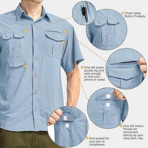 Miniatura 5 de Anteef Camisas de manga corta para hombre, para pesca, senderismo, UPF 50+, safari, secado rápido, protección solar, protección solar UV, Azul