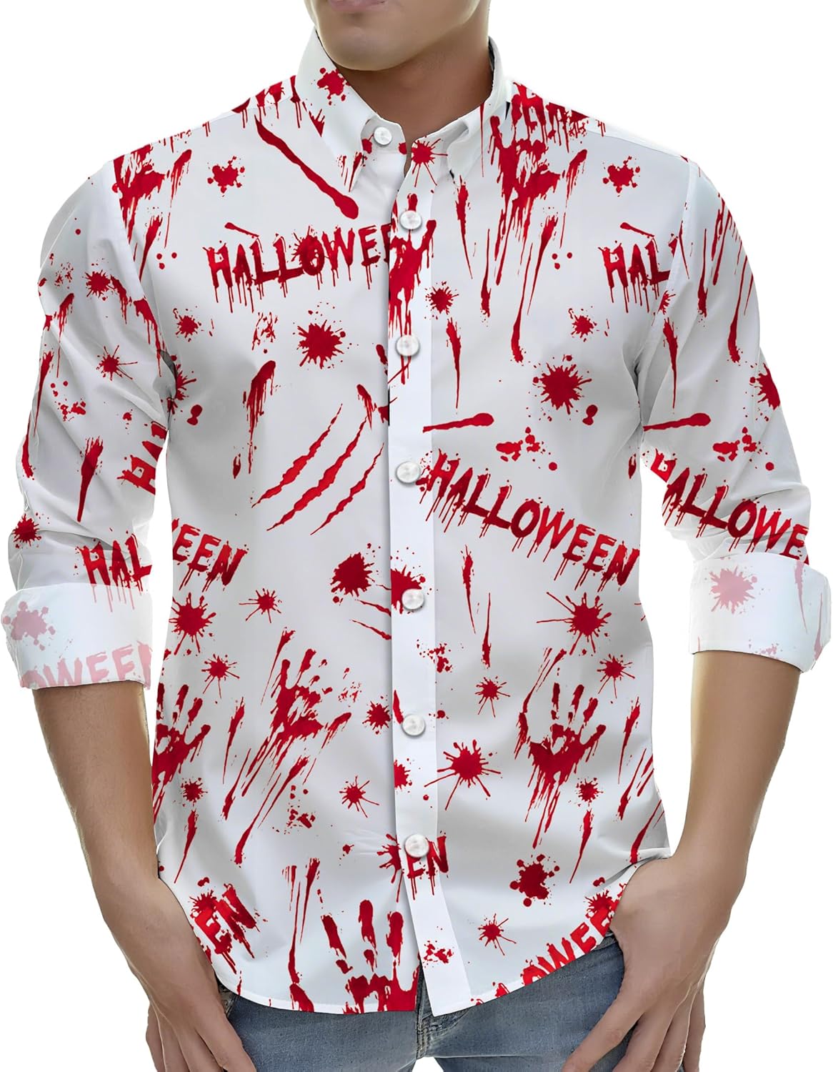 Halloween Shirts for Men: Funny Pumpkins Skull Print Tee Shirt Hawaiian Button Up Long Sleeve Tops - Image 2