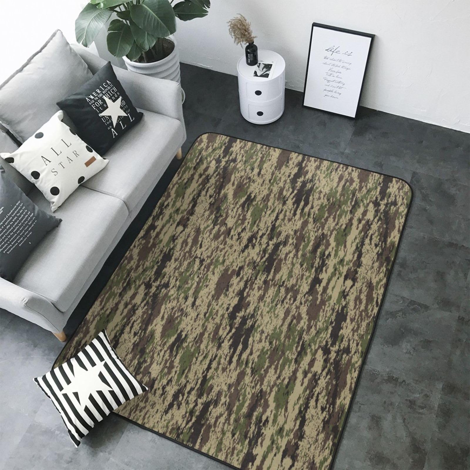 Tapis vert camouflage pour salon et chambre ambiance nature moderne