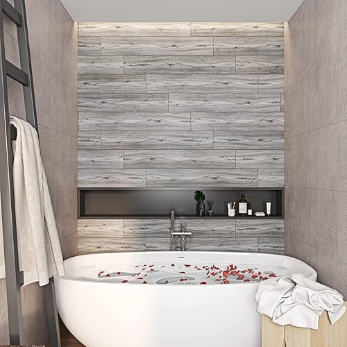 Miniatura 2 de Livelynine 16 piezas de 6 x 36 pulgadas, azulejos de suelo de madera gris para despegar y pegar, azulejos de vinilo impermeables para despegar