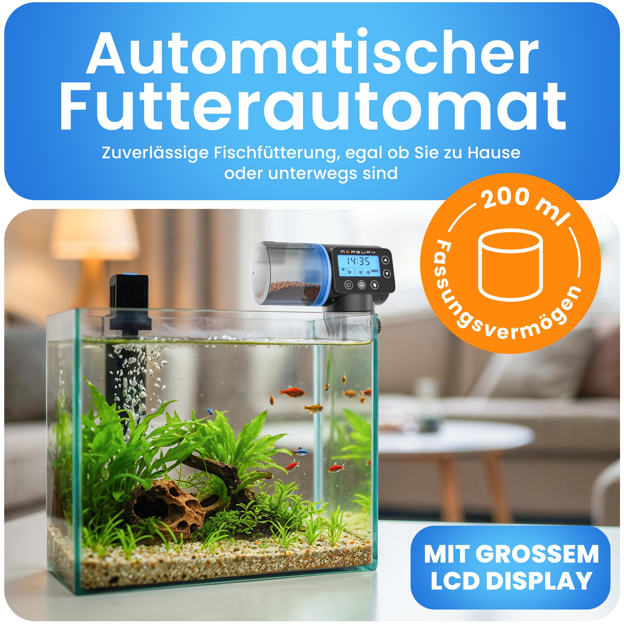 Measury Futterautomat Aquarium, Automatische Fischfütterung bis zu 4 Mal am Tag - Futterspender Fische, Fischfutterautomat