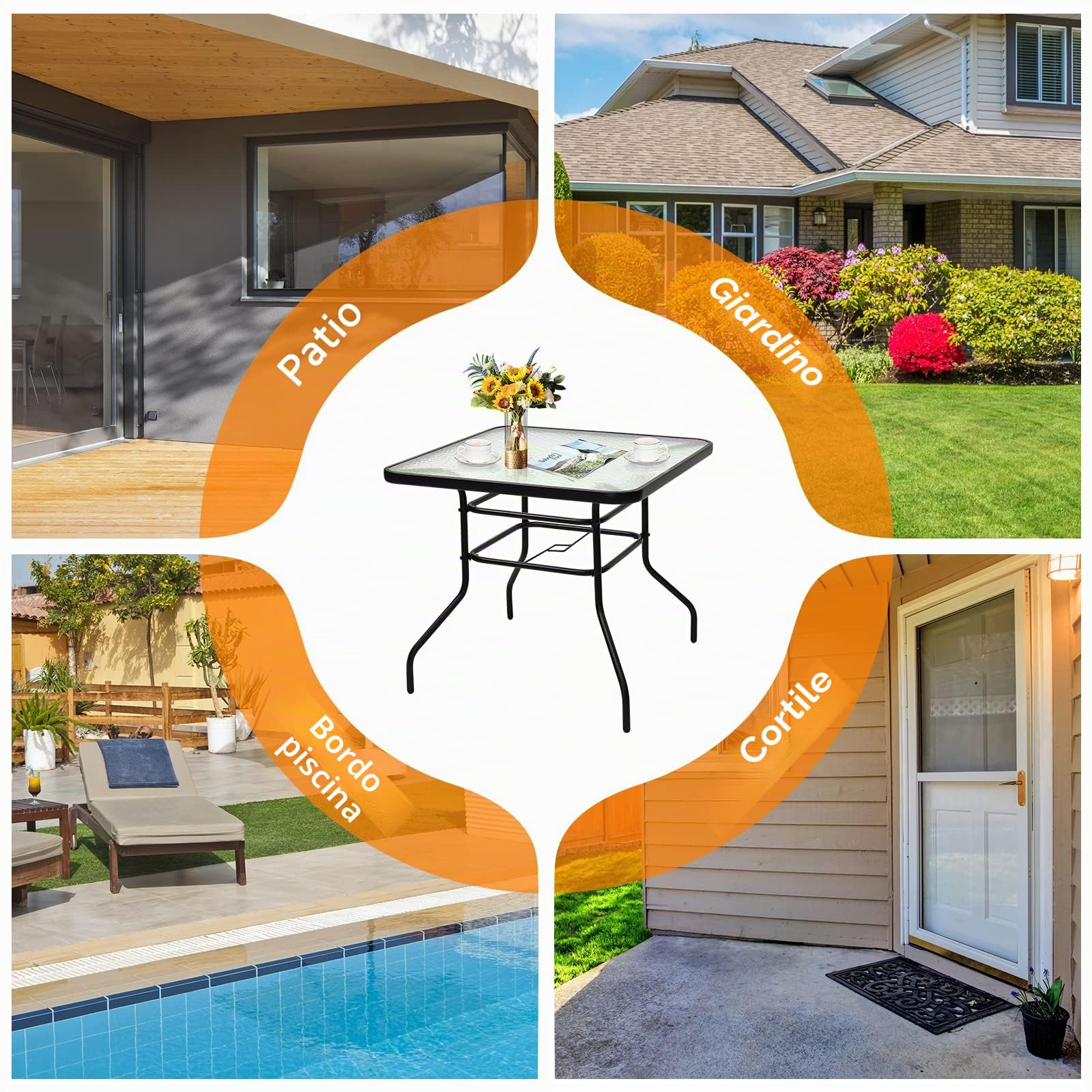 GIANTEX Tavolino in Vetro, con Foro di 40 mm per Ombrellone, 2 Anelli di Fissaggio, Tavolino Multiuso da Esterno, Giardino, Cortile, Balcone, Portata di 80 kg, 81x81x71 cm (Quadrato)
