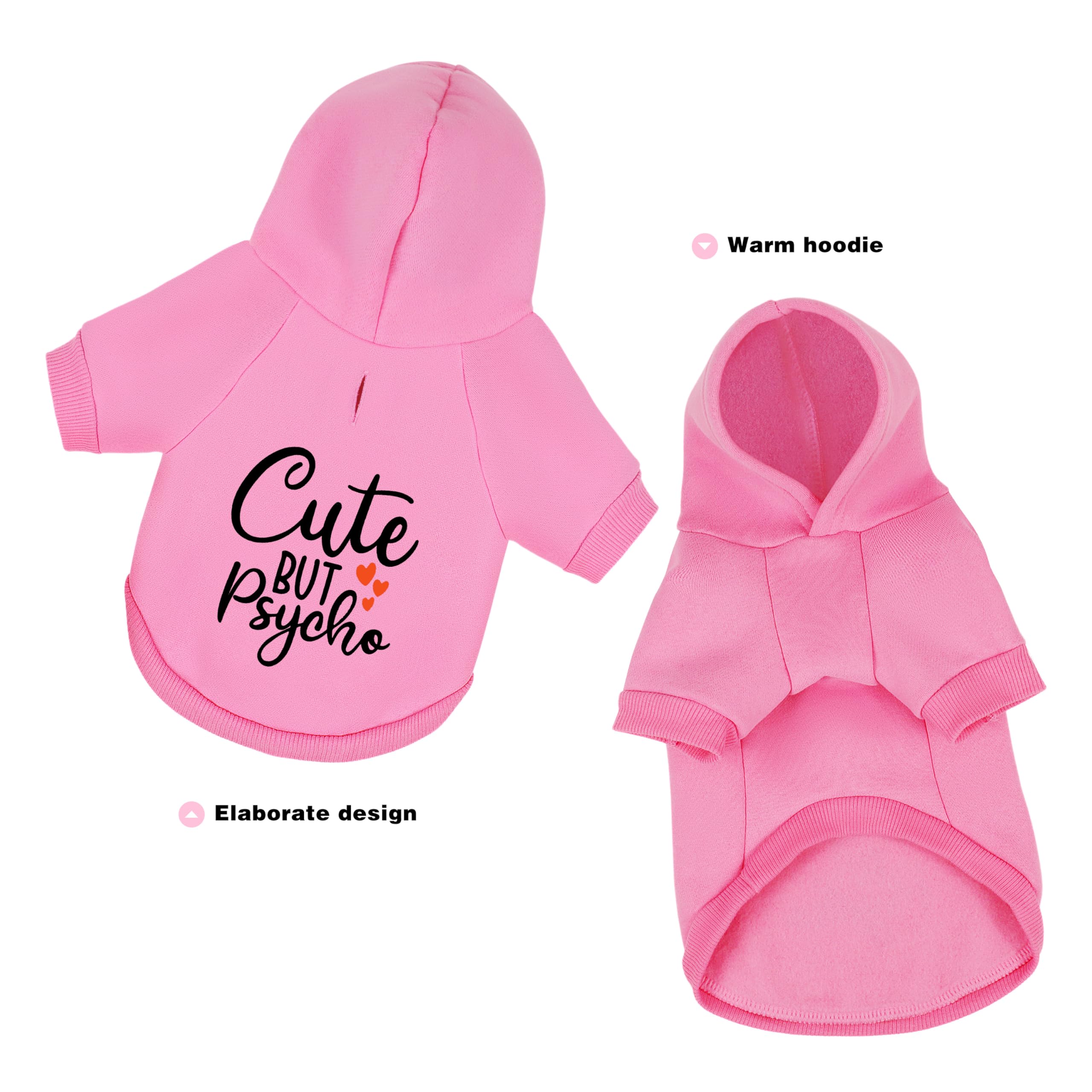 Cute but Psycho Dog Hoodie - Warm and Soft Dog Sweatshirt with Leash Hole, Fun Slogan Print, Cozy Winter Coat for Small Medium Dogs and Cats, Perfect for Cold Weather and Daily Walks.Pink S