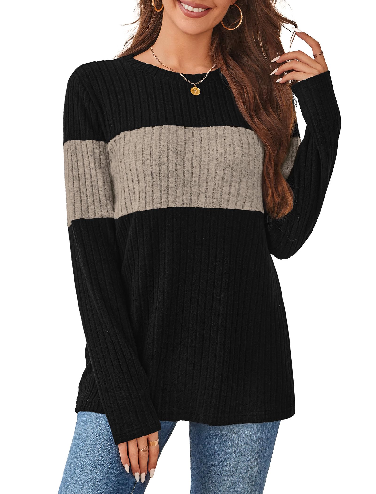 WIHOLL Womens Sweaters Trendy Color Block Tops Long Sleeve Shirts Fall Outfits Early Fall Fashion 2025 Winter Clothing