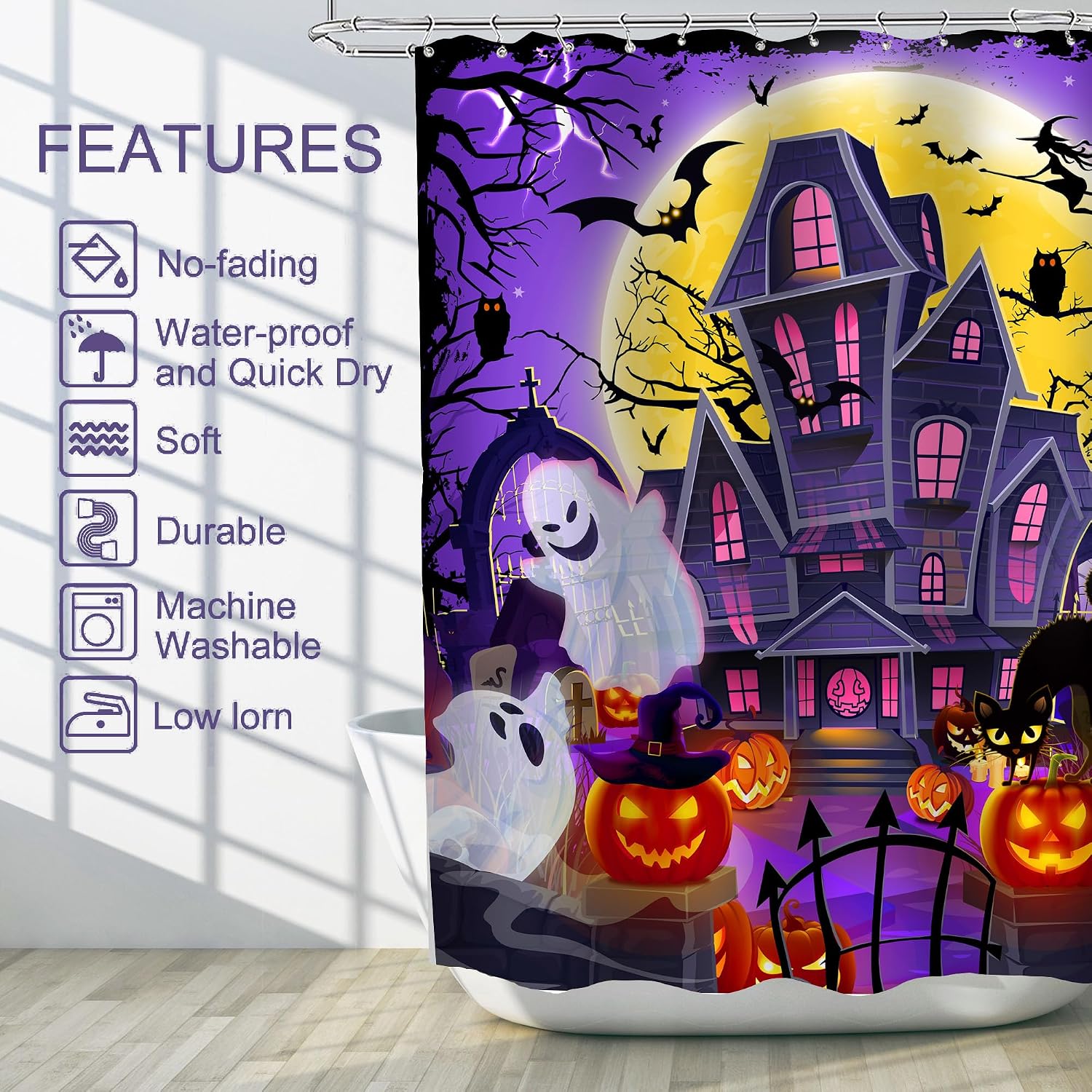 Halloween Shower Curtain - Waterproof Castle Bath Curtain, 71 x 71", "Spooky Pumpkins and Ghost Bathroom Decor, Horror Home Indoor Decorations, Gifts for Halloween Party Supplies