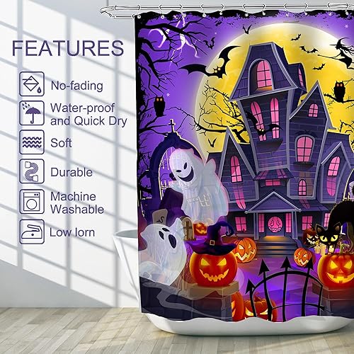 Miniatura 3 de Cortina de ducha de Halloween, cortina de baño impermeable de castillo, 71 x 71 pulgadas, decoración de baño de calabazas espeluznantes y fantasmas,