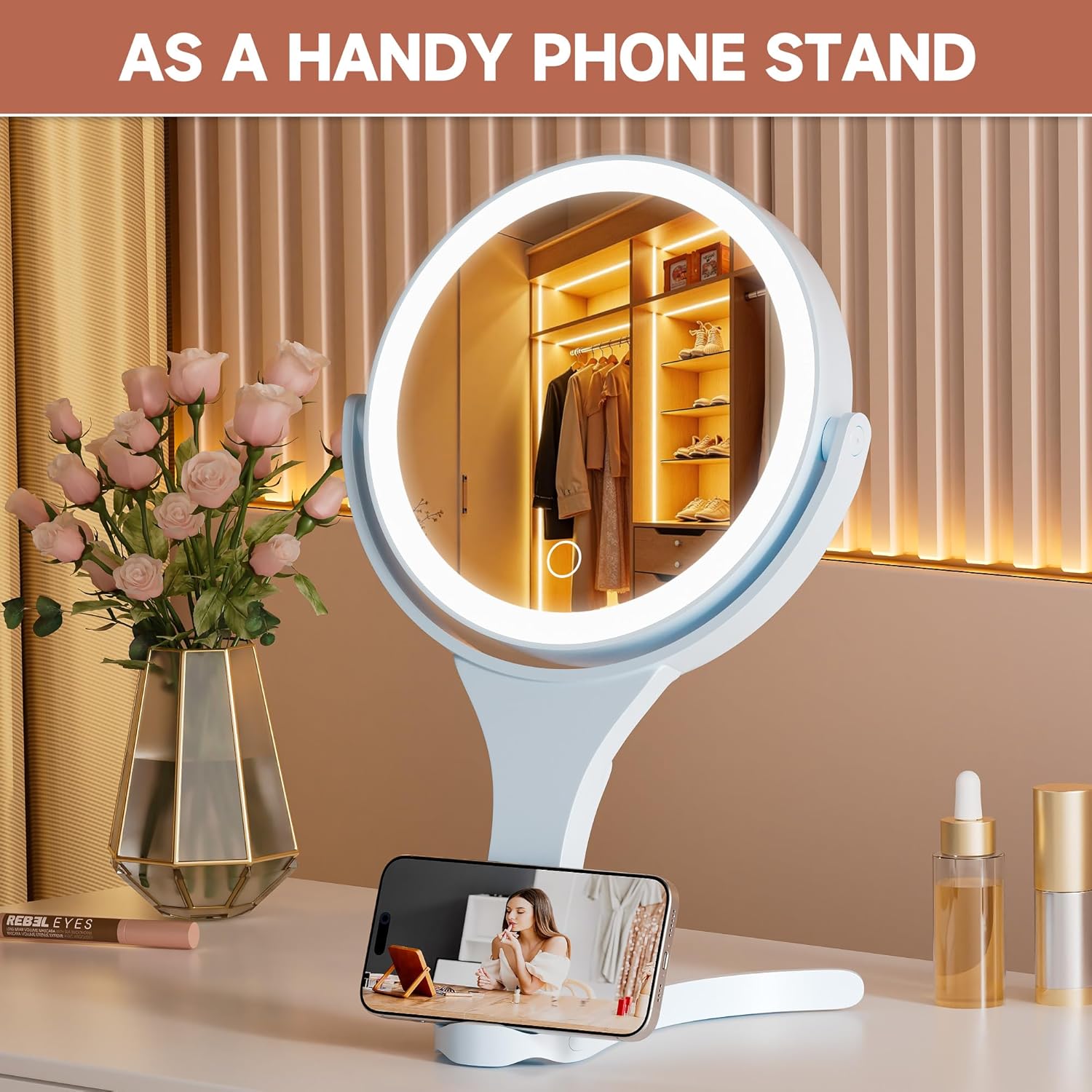 Hasipu Portable Travel Makeup Mirror with Lights – 360° Rotating with 1X/10X Magnifying, Rechargeable Tabletop Handhold Hanging 3 in 1 Mirror (Blue)