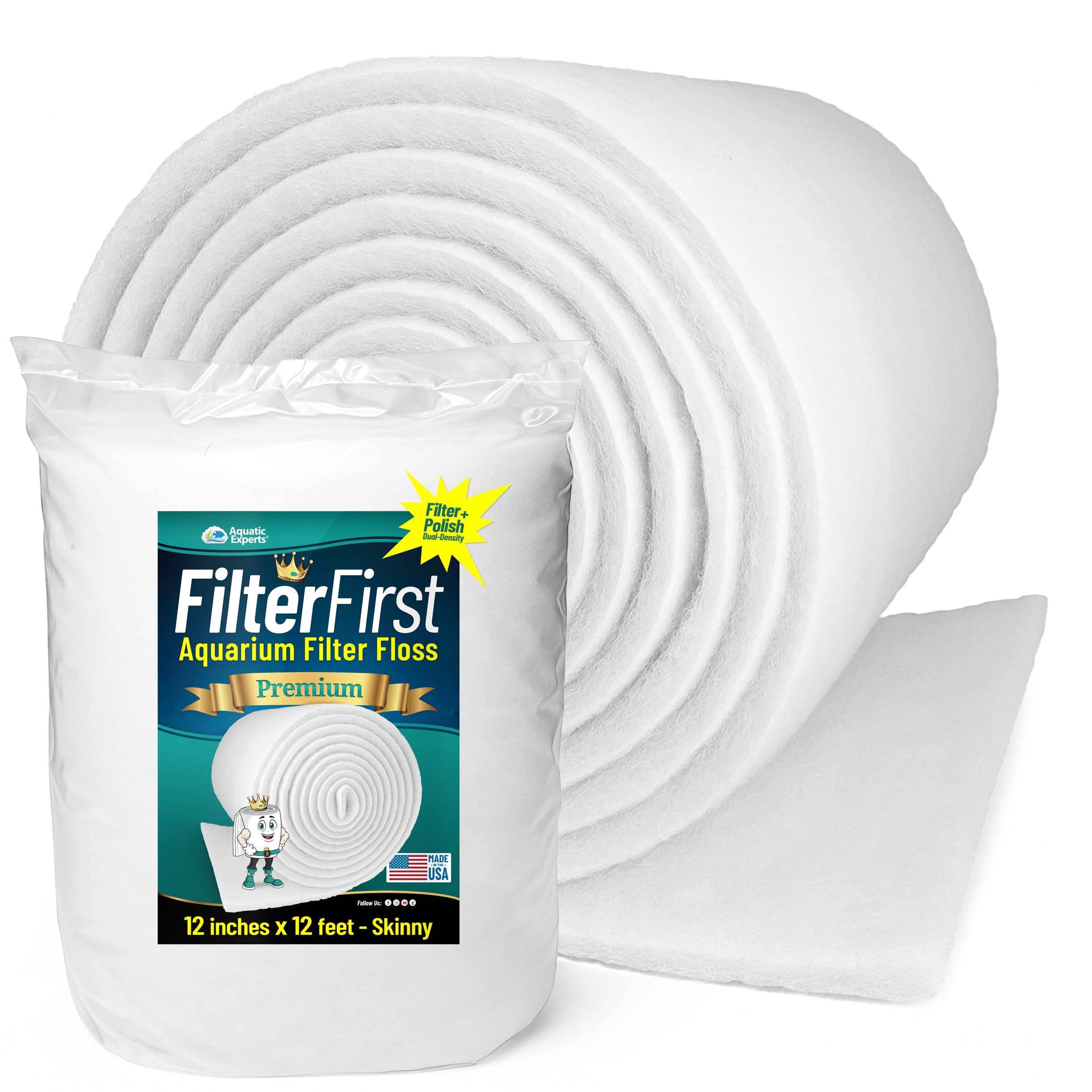 Aquatic Experts Aquarium Filter Floss for Fish Tank Filters - FilterFirst Aquarium Filter Pad - Media Roll for Crystal Clear Water, 12" x 12' x ½ to ¾ Thick