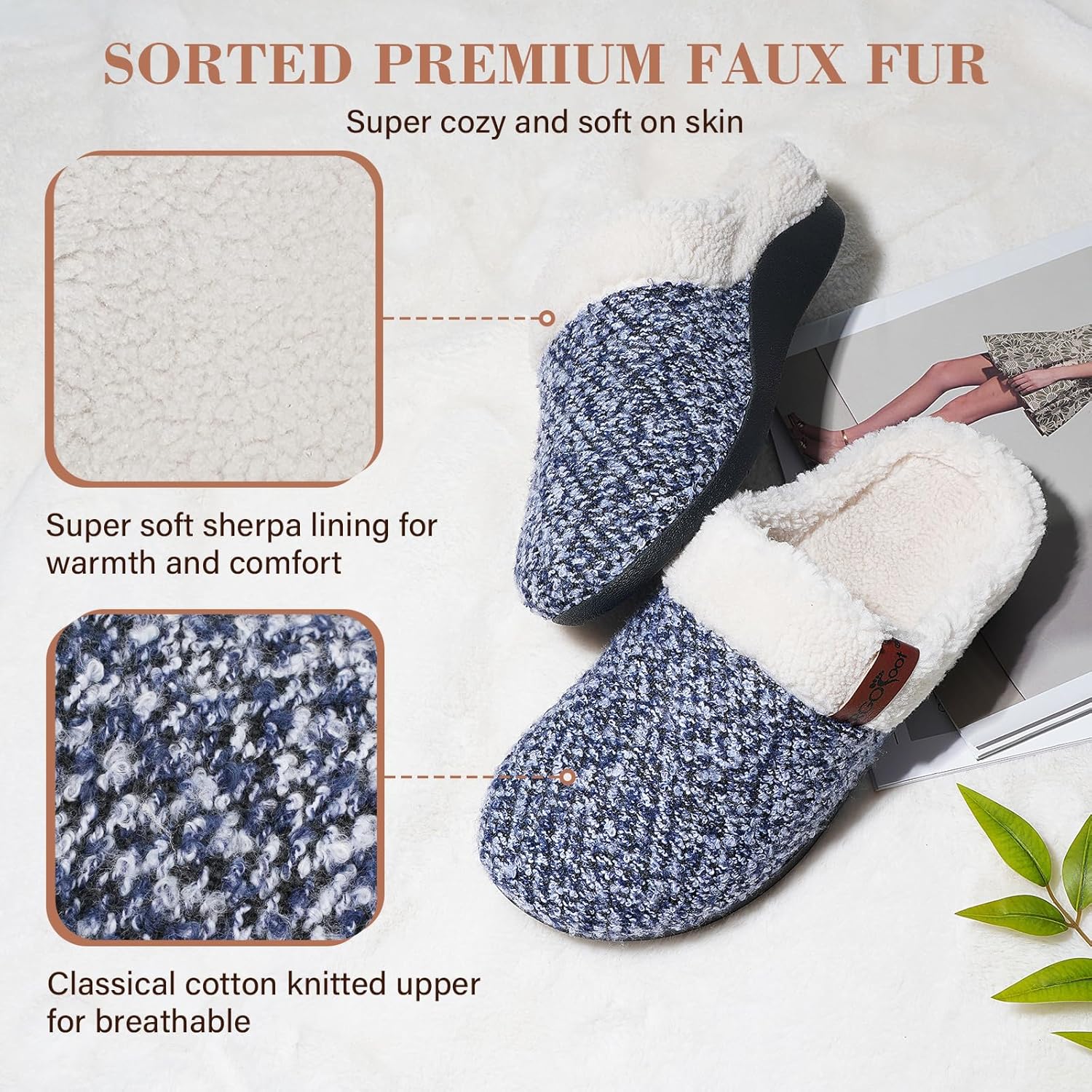 ERGOfoot Orthopedic Slippers with Arch Support, Slip-On Knit Soft Sherpa Lining House Slipper, Plantar Fasciitis Relief, Orthotic House Shoes with Indoor Outdoor Anti-Skid Rubber Sole - Image 4