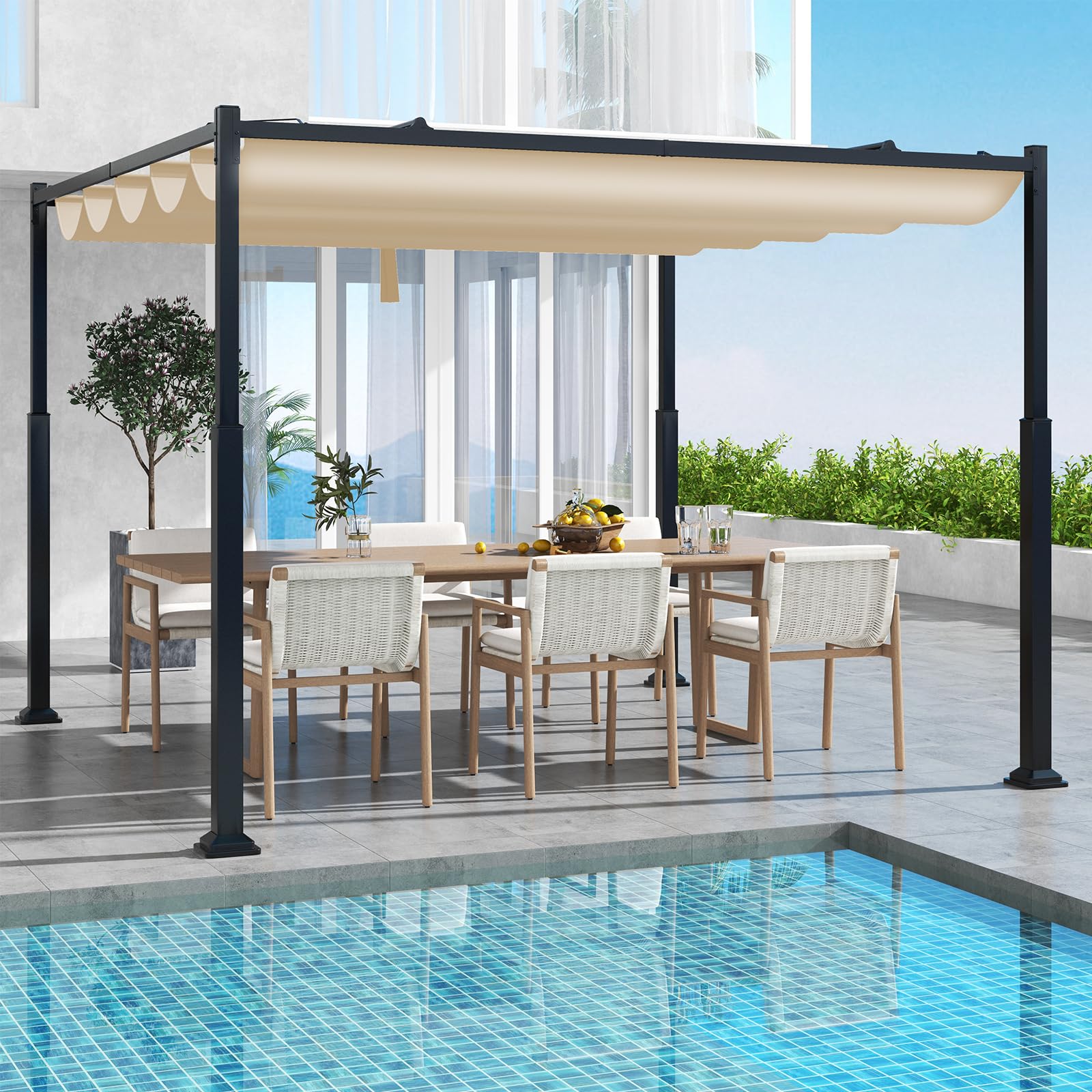 COSTWAY Gazebo Pergola da Giardino 310 x 310 cm, Pergola da Esterno con Tettuccio Retrattile, Struttura in Metallo, per Giardino, Patio e Portico (Beige)