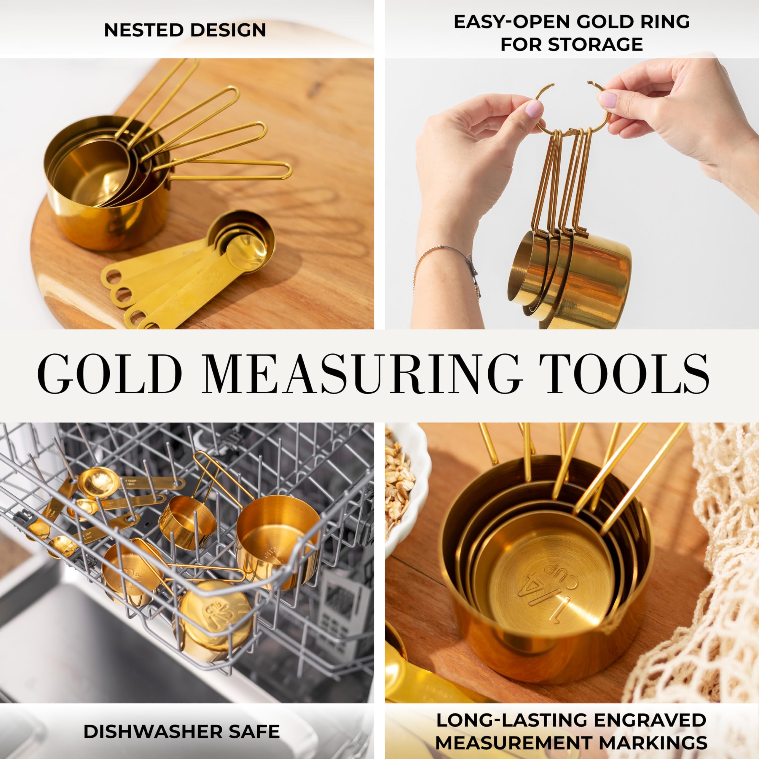 Styled Settings Juego de utensilios de cocina negros y dorados, 15 piezas antiadherentes de silicona sin BPA, con tazas medidoras y cucharas, accesorios de cocina de lujo para cocinar y hornear con