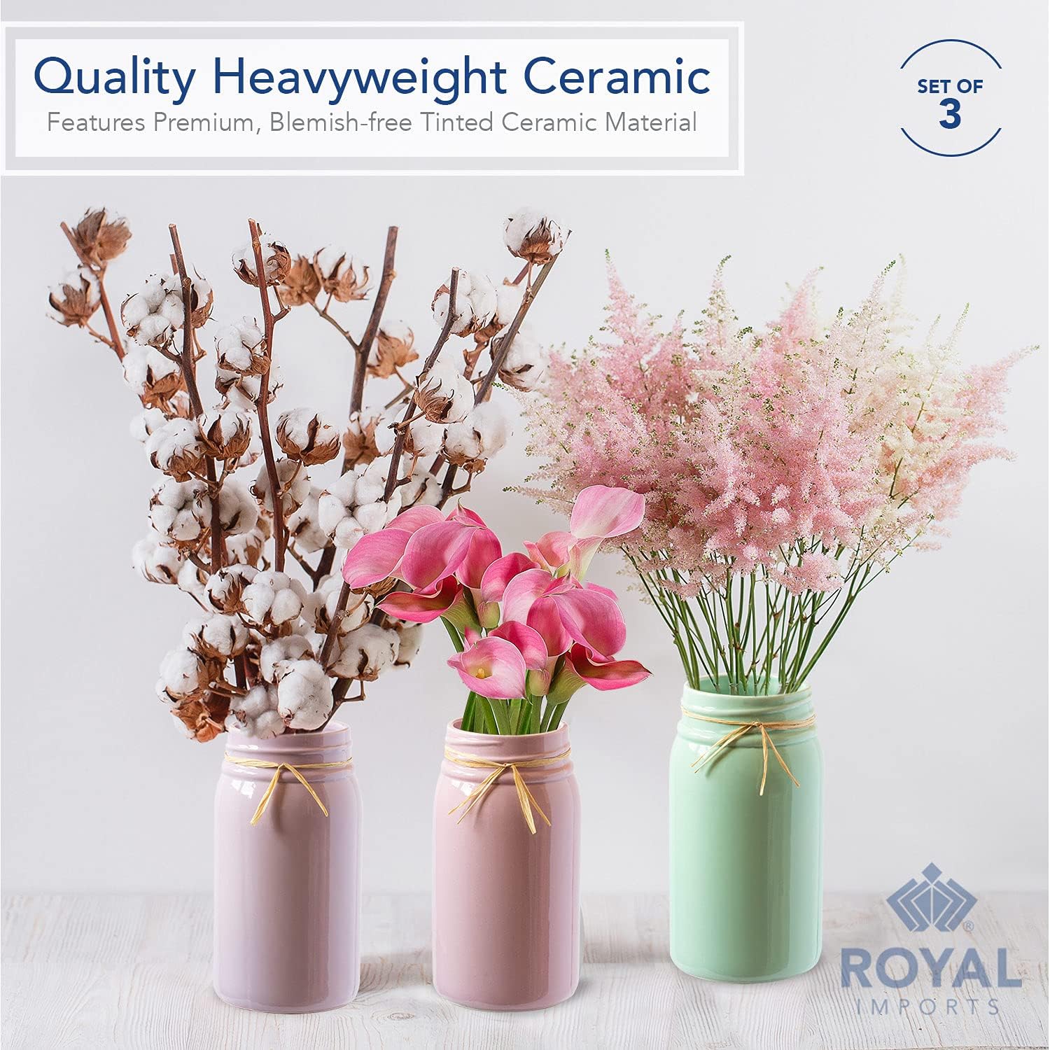 Royal Imports Ceramic Mason jar Planter, Decorative Plant Flower Vase for Indoor Outdoor Garden, Patio, Balcony, Porch, Windowsill, Home - Spring Pastel Colors, Set of 3, Lavender, Pink, Green