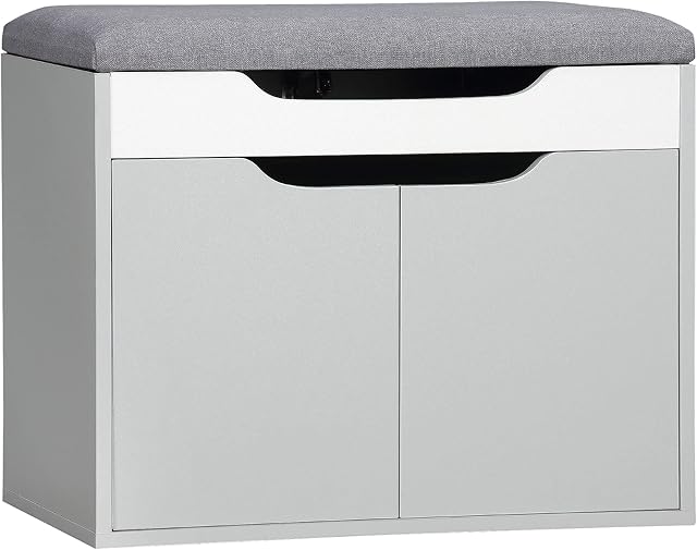 HOMCOM Shoe Bench with Cushion, Modern Storage Bench with Padded Seat, 2-tier Cabinet, Hidden Storage, Adjustable Shelf for Living Room and Entryway, Light Grey
