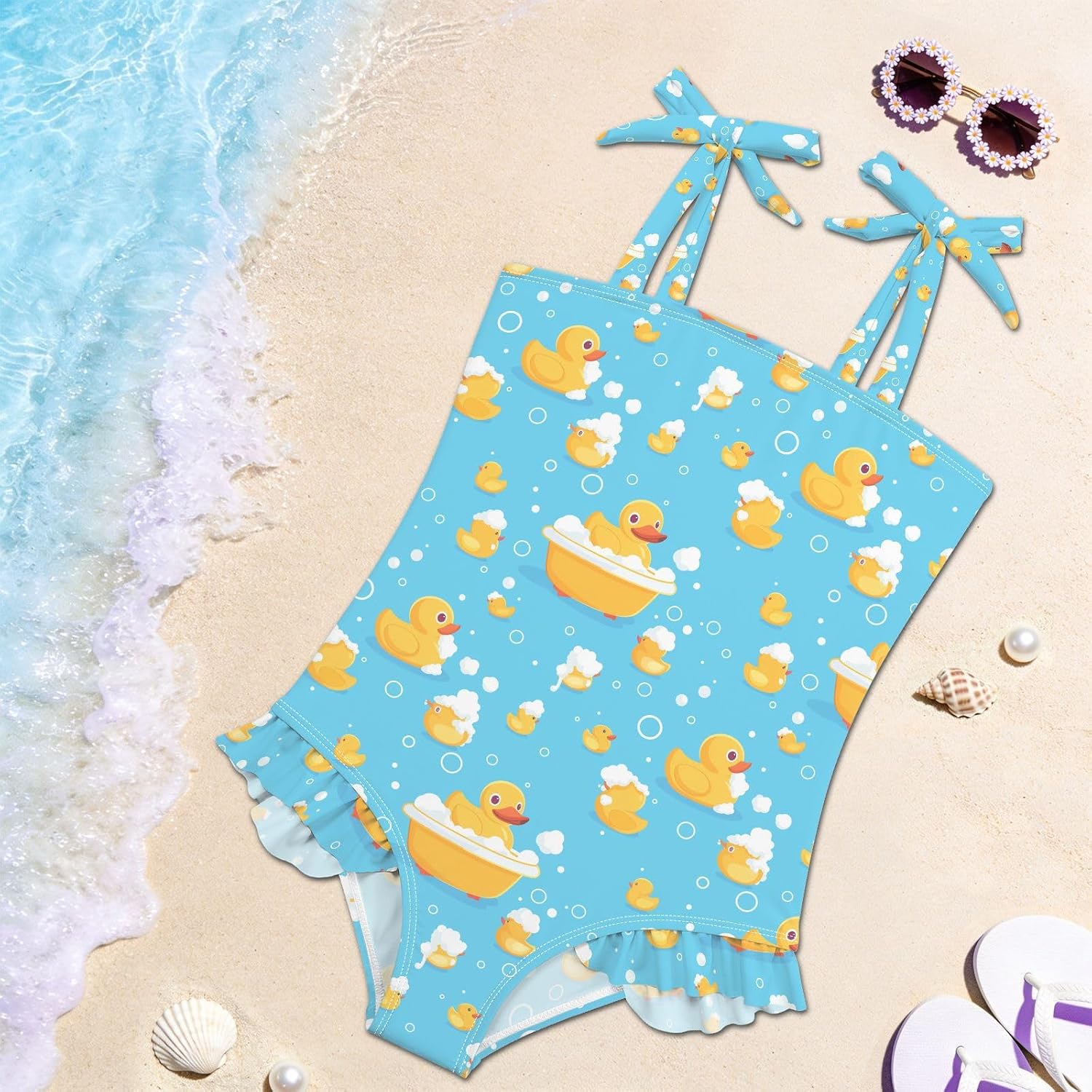 visesunny Toddler Girl Swimsuit Adjustable Strap Swimwear Duck Bubble Bath Pattern Bathing Suits for Girls 18M-6Y