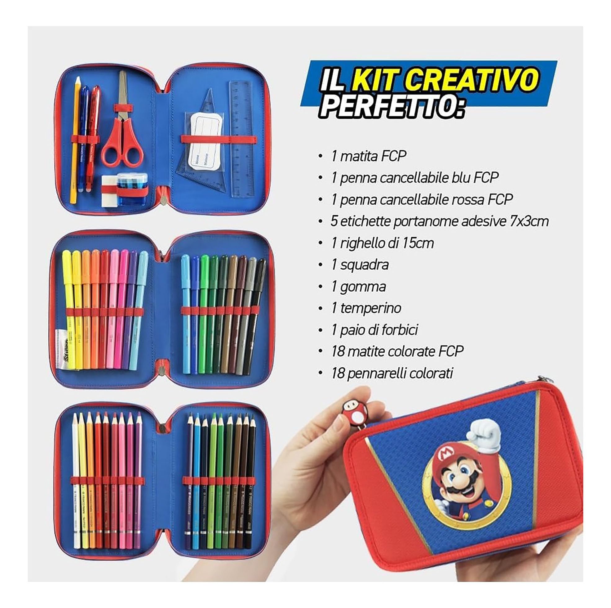 Clondo Set Scuola 2 Pezzi Per Super Mario Fan Zaino Scuola Elementare Bambino + Astuccio 3 Scomparti Completo (45 Accessori)