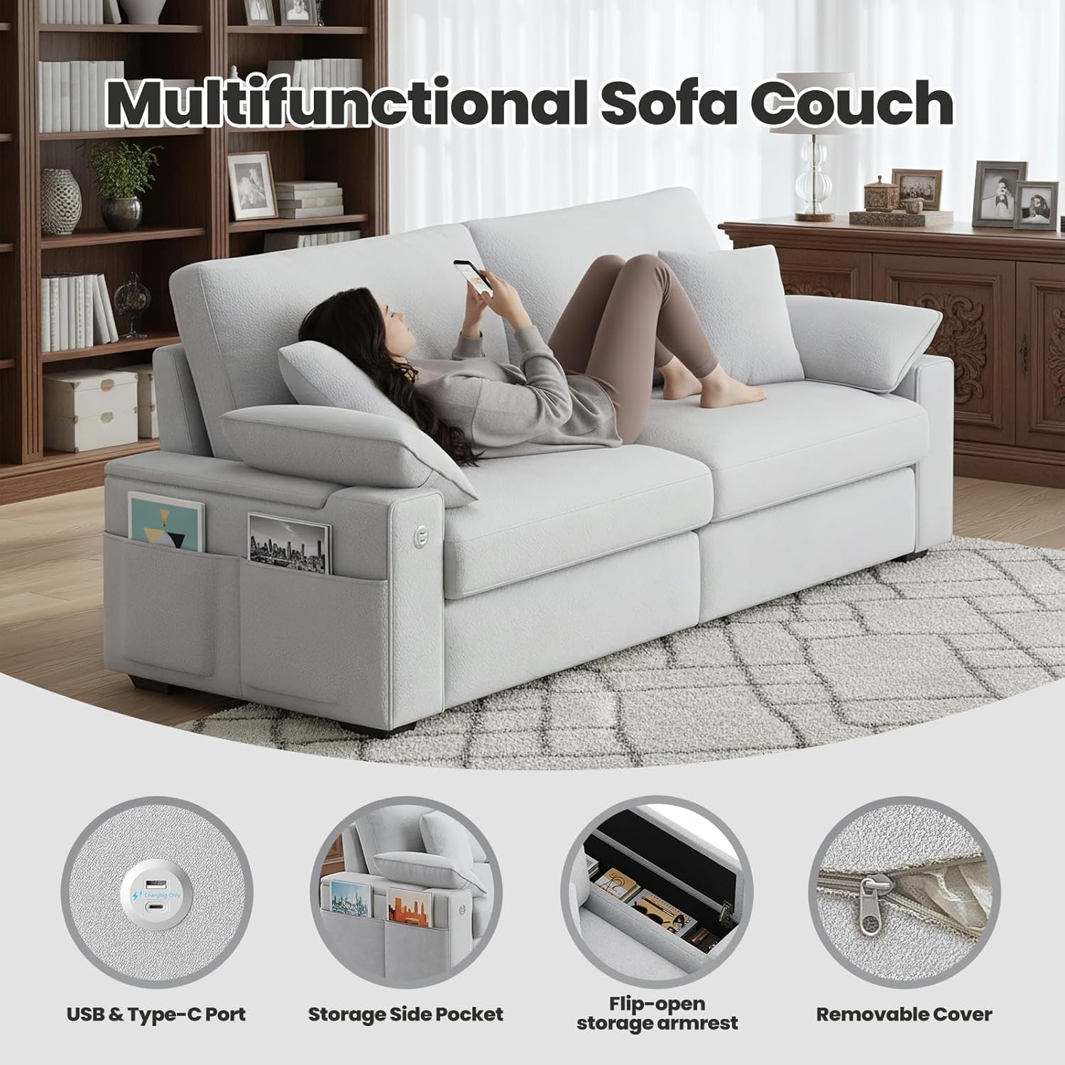 89" Modern Sofas for Living Room, Comfy Sofa with Deep Seat Couch, USB/Type-C Port, Side Storage, Removable Cover, Couches for Living Room, Apartment, Light Grey - Image 3