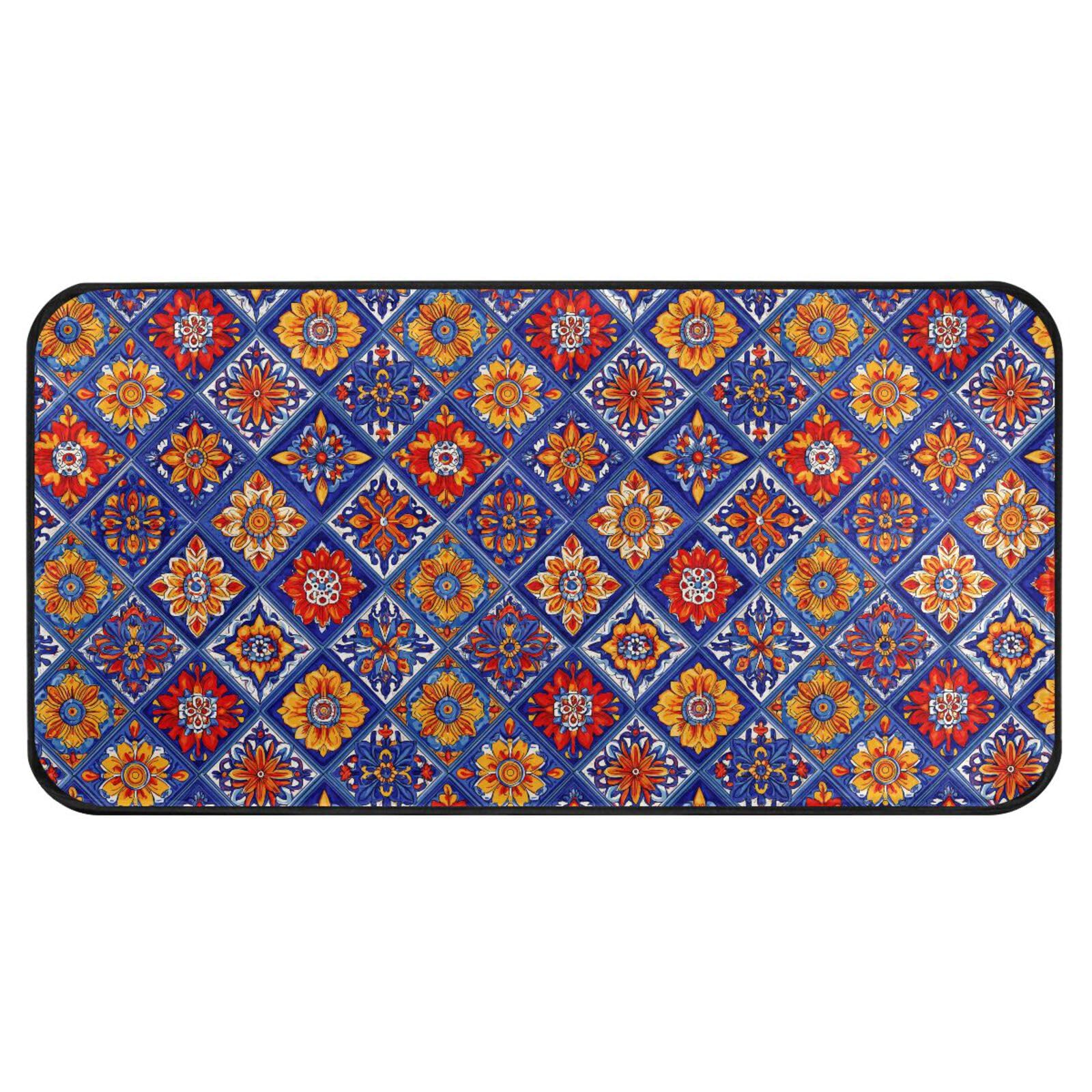 STAYTOP Mexican Talavera Ceramic Tile Pattern Kitchen Rugs,Polyester Non Slip Cushioned Mats Antifatigue Comfort Floor Mat Doormat for Kitchen