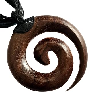 Spiral Natural Sono Wood Necklace, Hand Carved Fish Hook Wooden Necklace, Handmade Beads Cords Māori Koru Peace Pendant Wooden Necklaces for Women Men Jewelry (CA080-N)